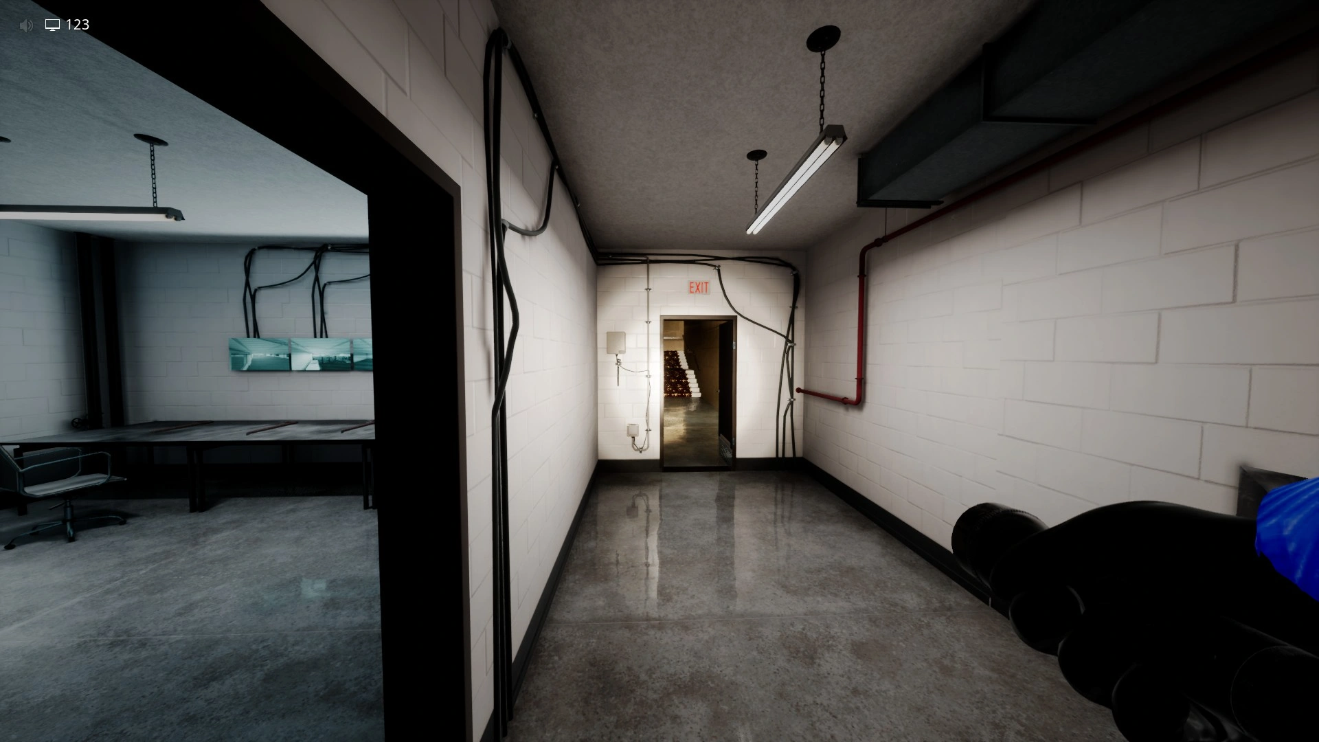 The exit door at the end of the camera section in Abandoned Office, Escape The Backrooms