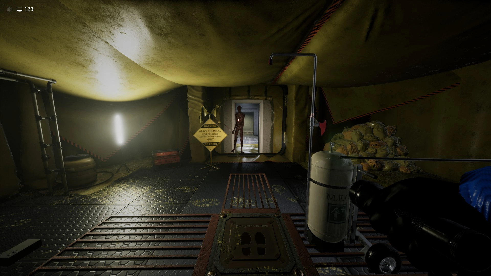 Luring the keycard-holding entity toward the shower in the Abandoned Outpost, Escape The Backrooms