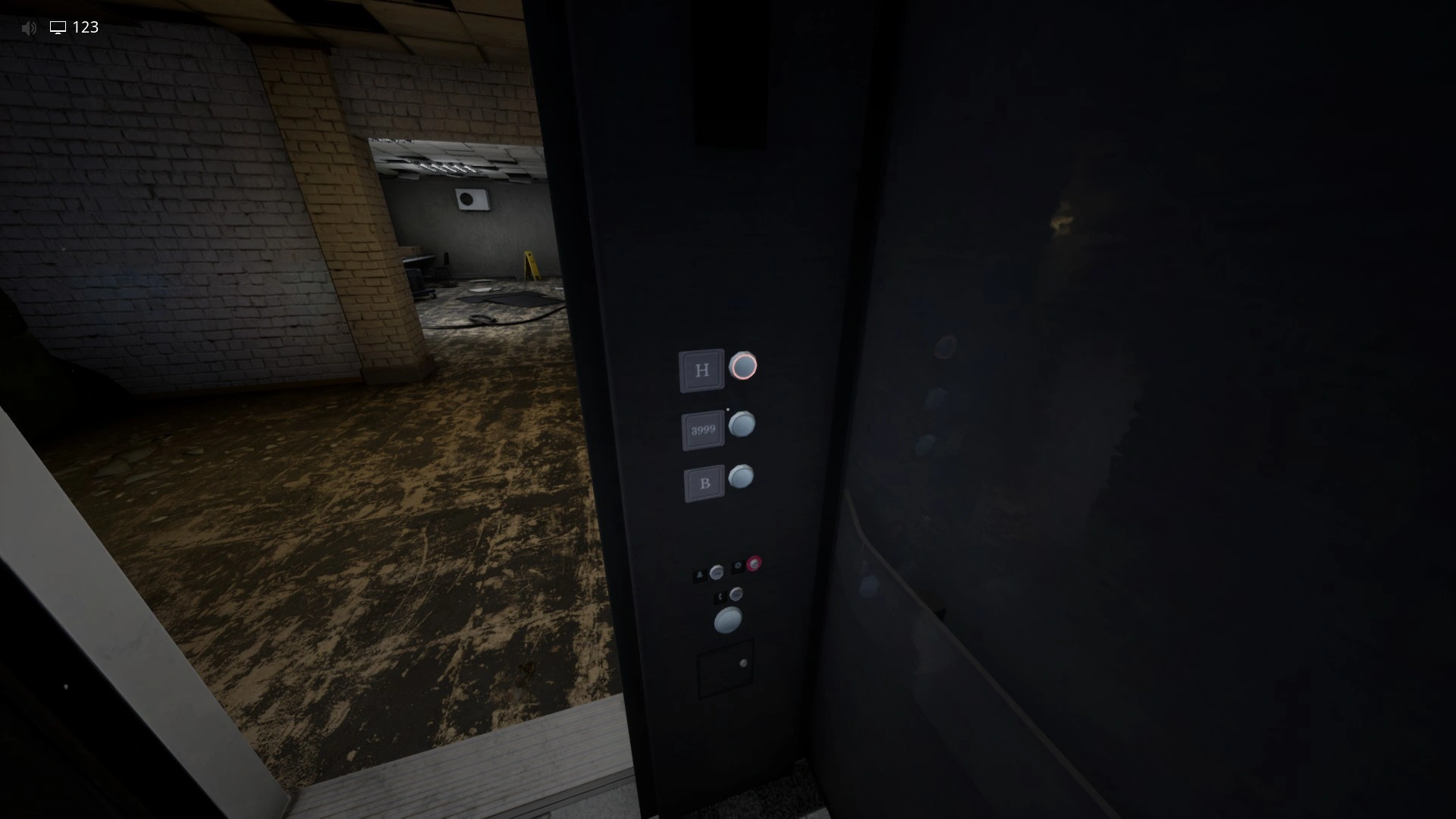 The elevator button for the Hub you press to start heading to Level 974 Kitty's House, Escape The Backrooms
