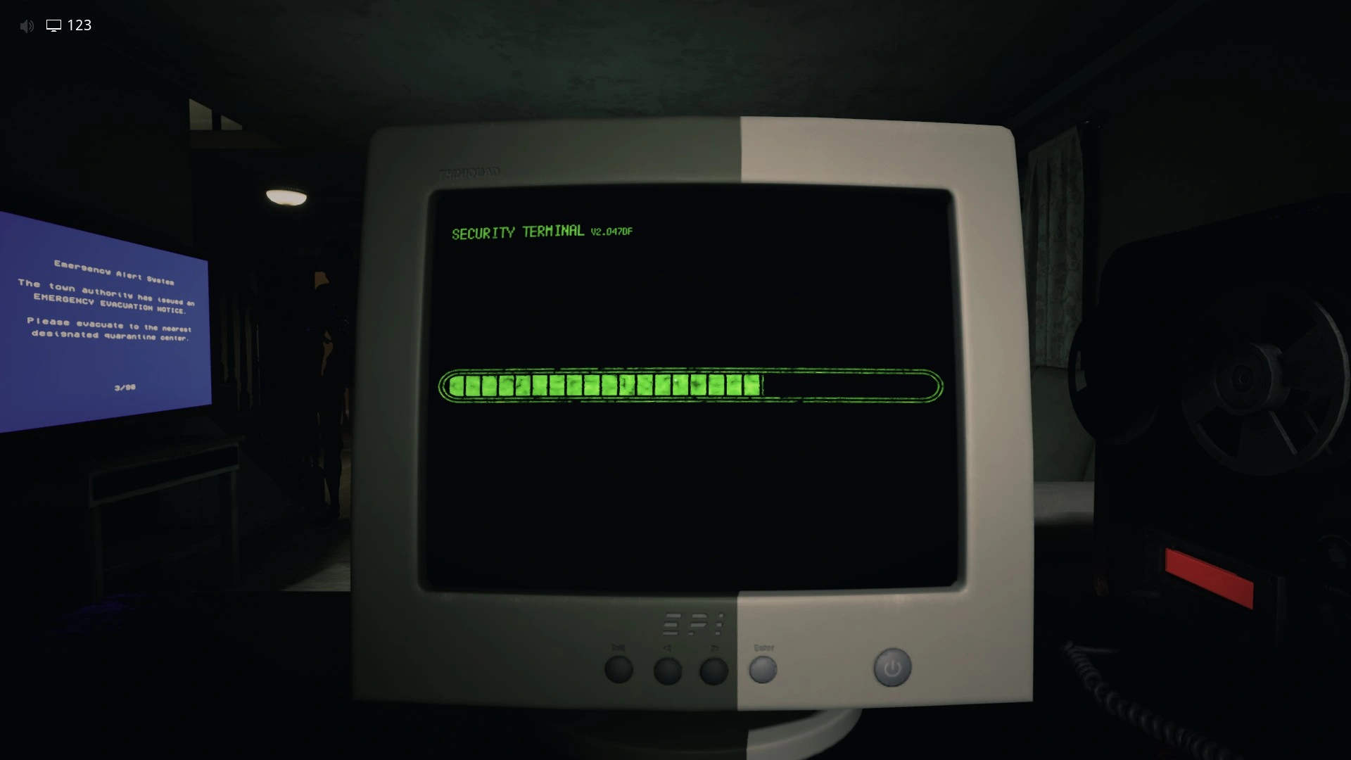 Interacting with a house computer to unlock the gate in Darkened Suburbs, Escape The Backrooms