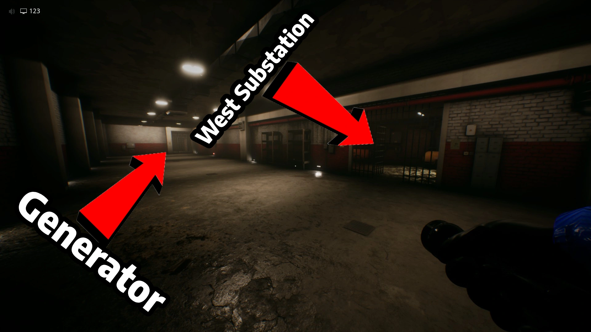 Marked directions showing which way leads to the Generator and which way leads to the West Substation in Electrical Station, Escape The Backrooms
