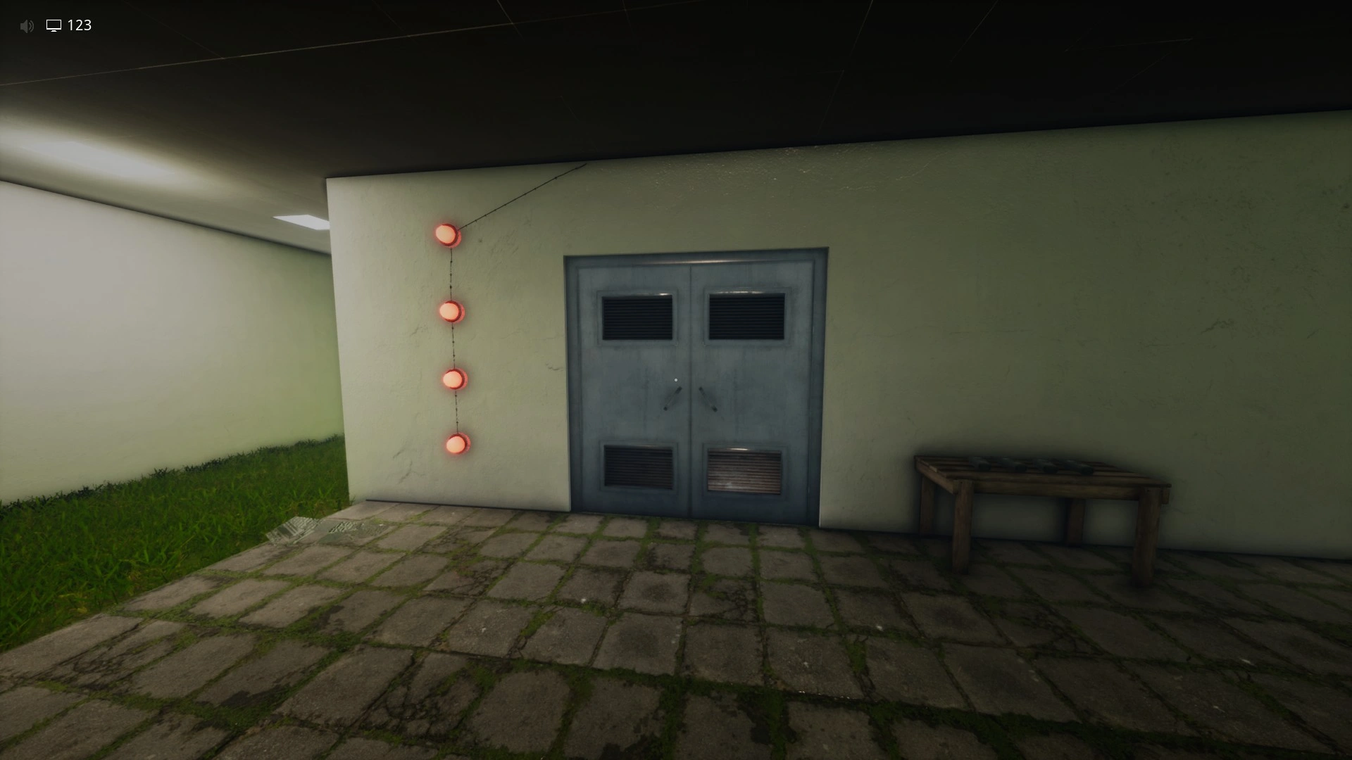 The door with 4 red lights that opens once all 4 nearby buttons are pressed in The Grassrooms, Escape The Backrooms