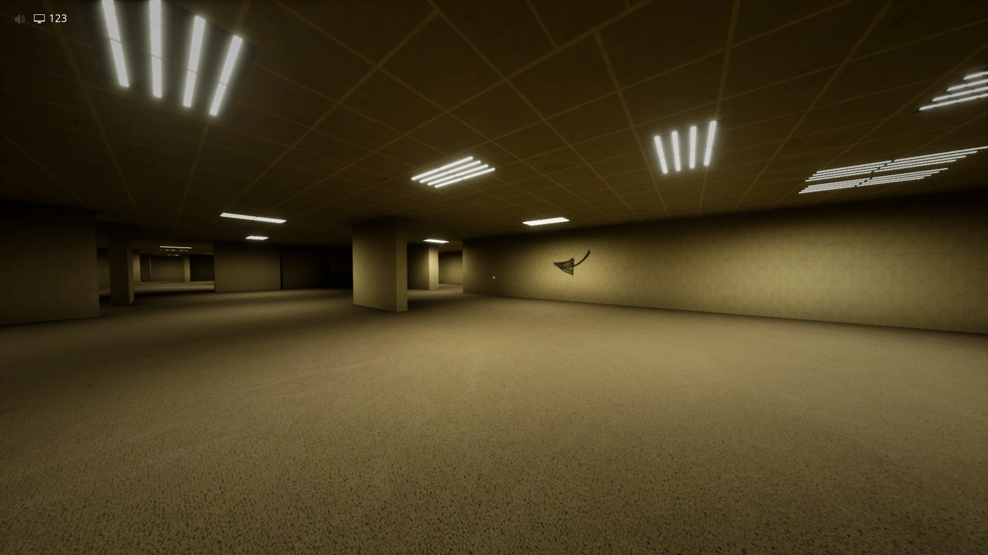 Wall arrows marking the route to the exit below the pitfalls in Level 0, Escape The Backrooms