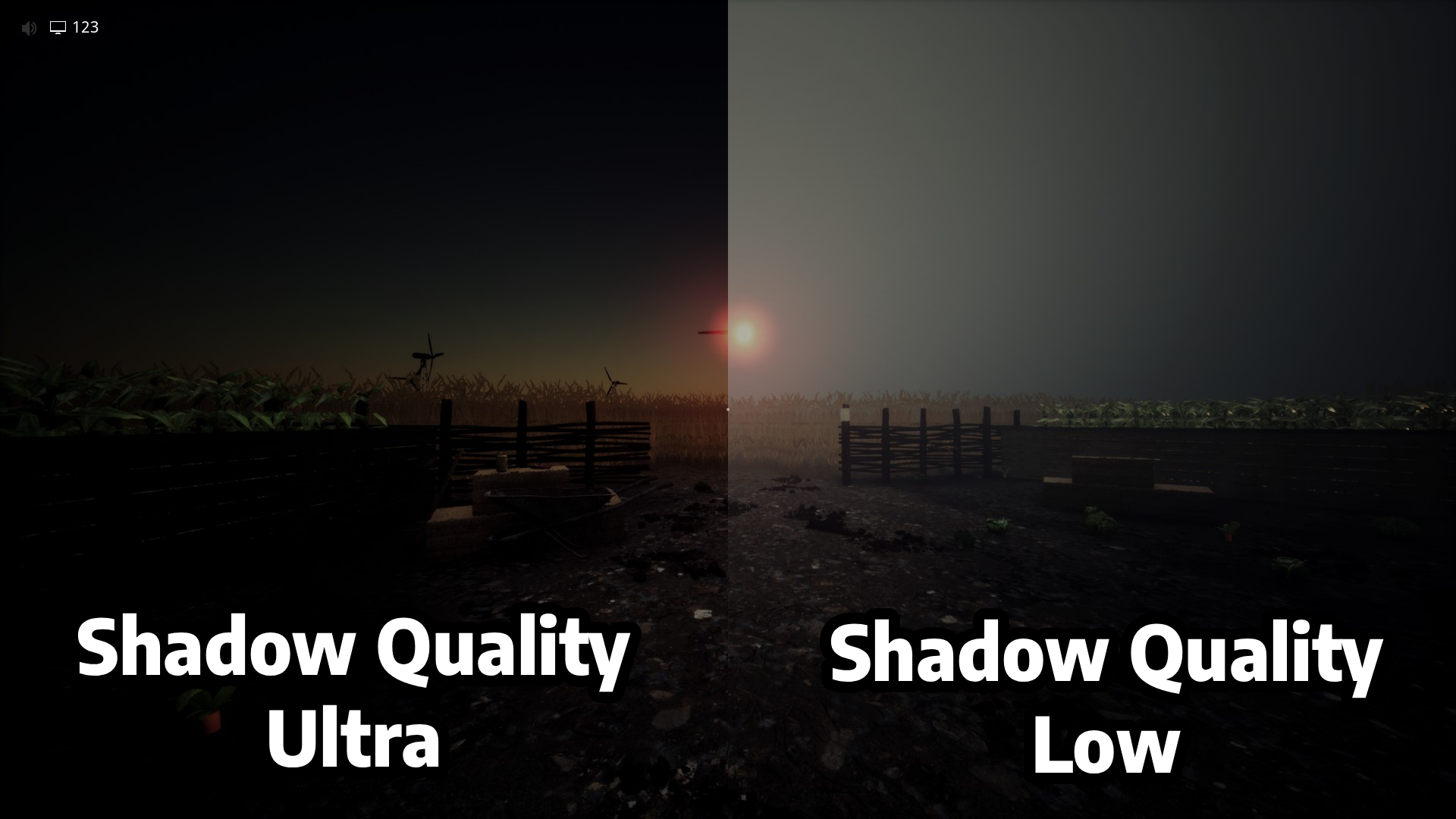 Lowering Shadow Quality to see through the dark wheat field in Level 10, Escape The Backrooms
