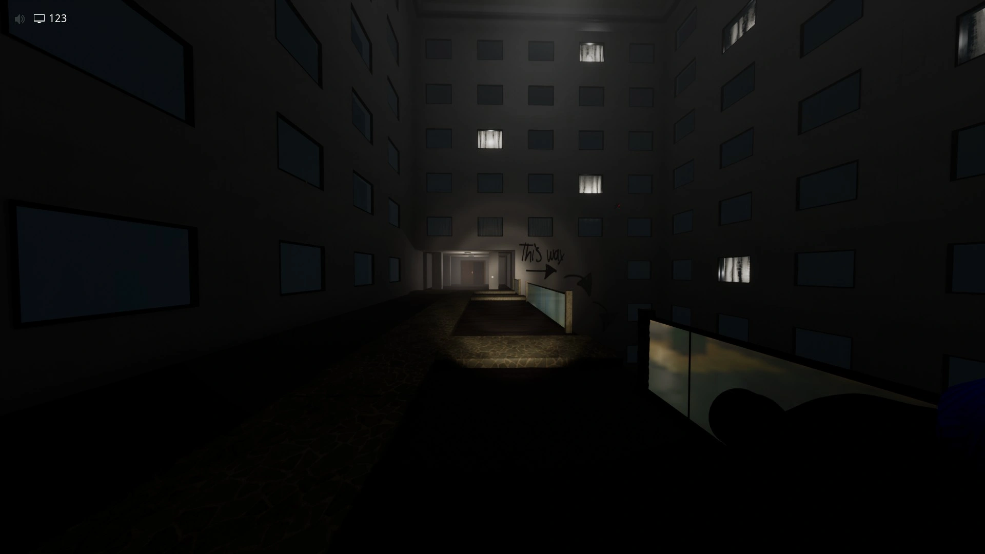 Following the wall arrows and jumping down to exit Level 188, Escape The Backrooms