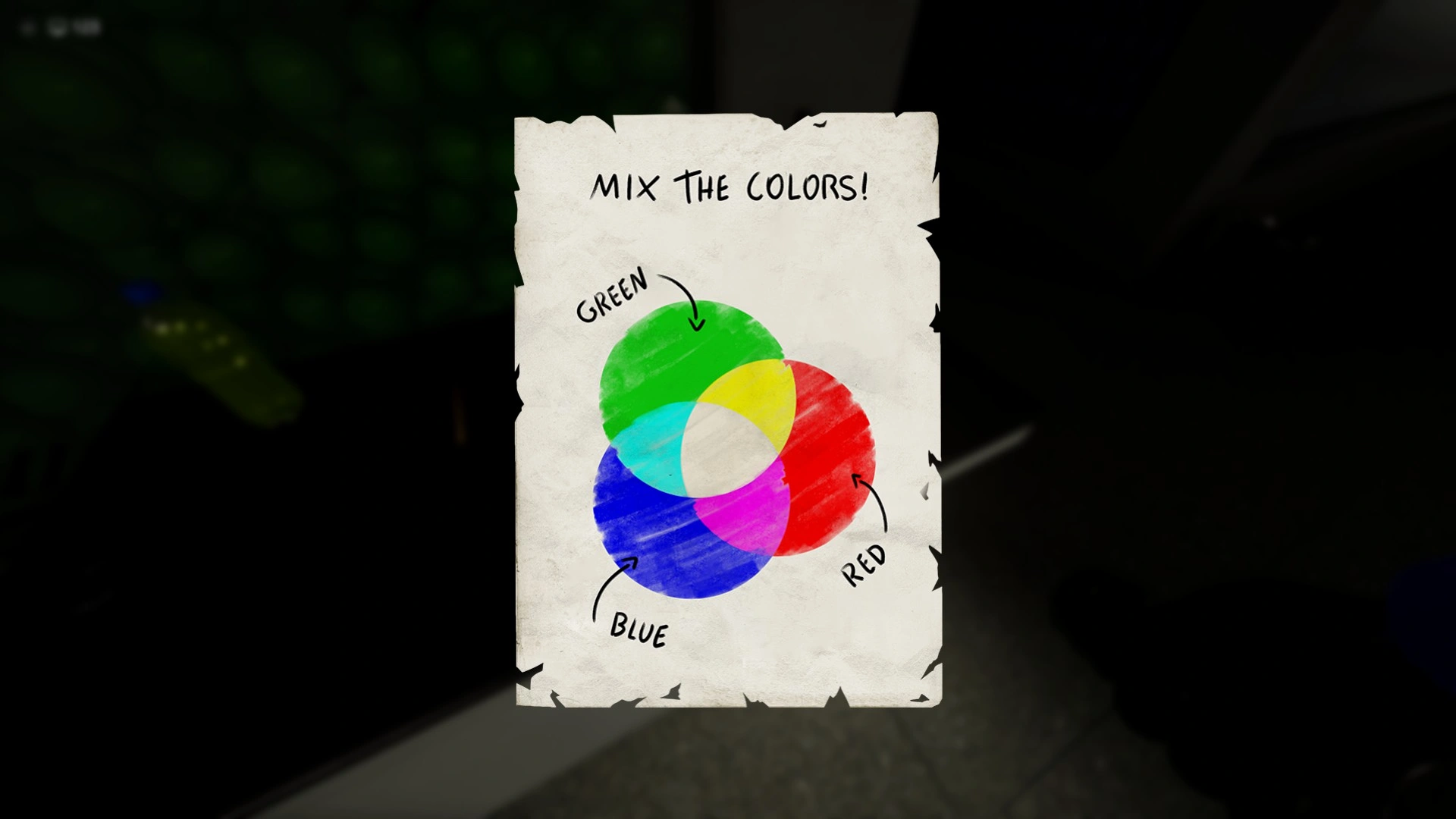 The sheet showing which two ball colors combine into each new color in Level 421, Escape The Backrooms