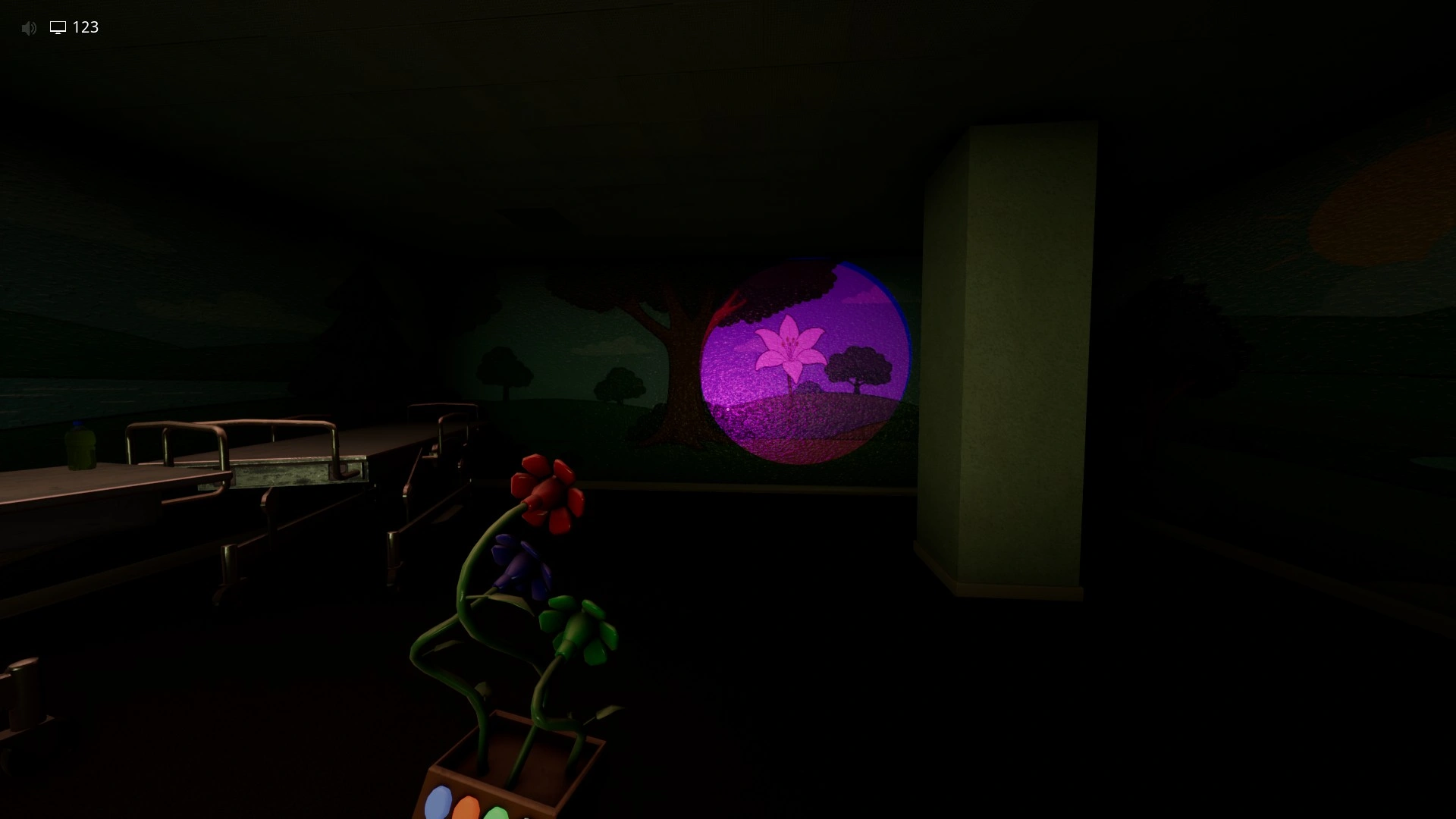 A white wall flower lit up with its correct projected color in Level 421, Escape The Backrooms
