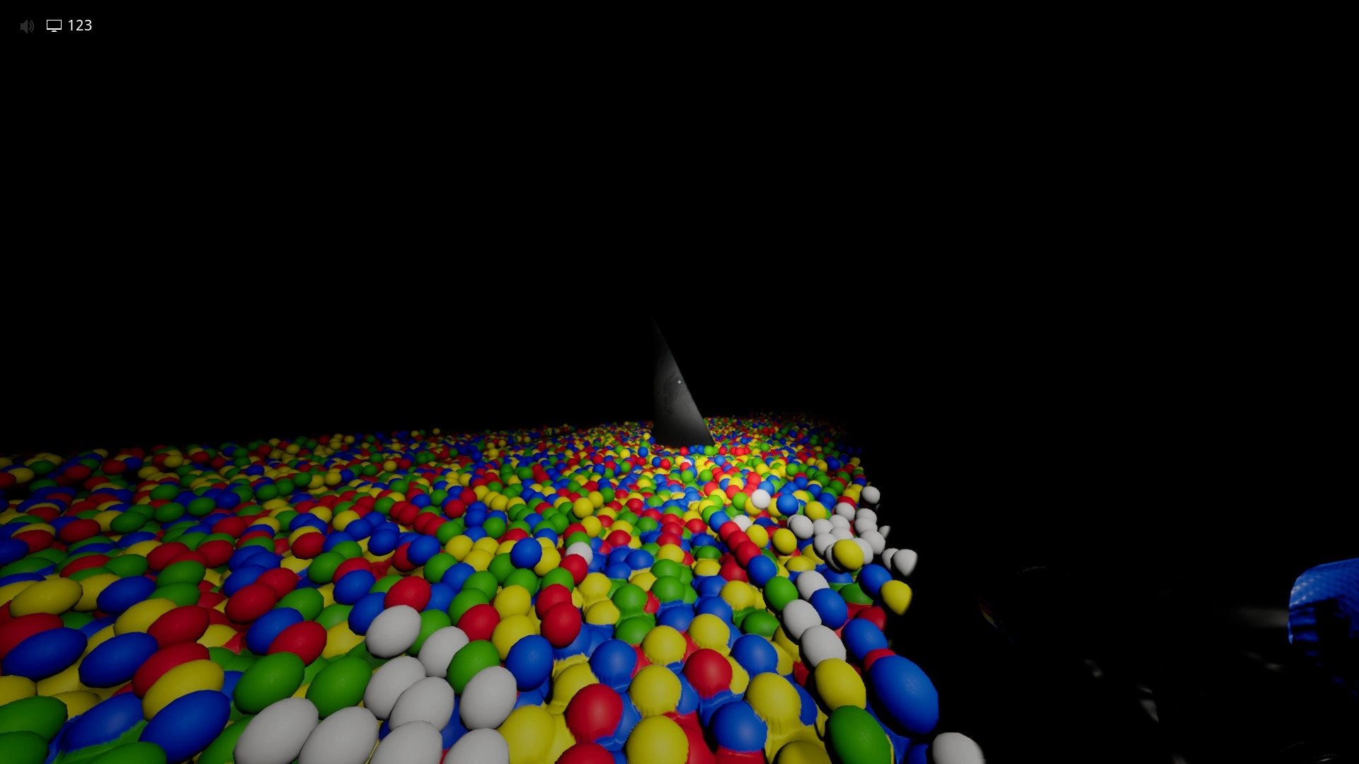 The fin of the Giant Shark cutting through Plastic Mariana at the end of Level 421, Escape The Backrooms