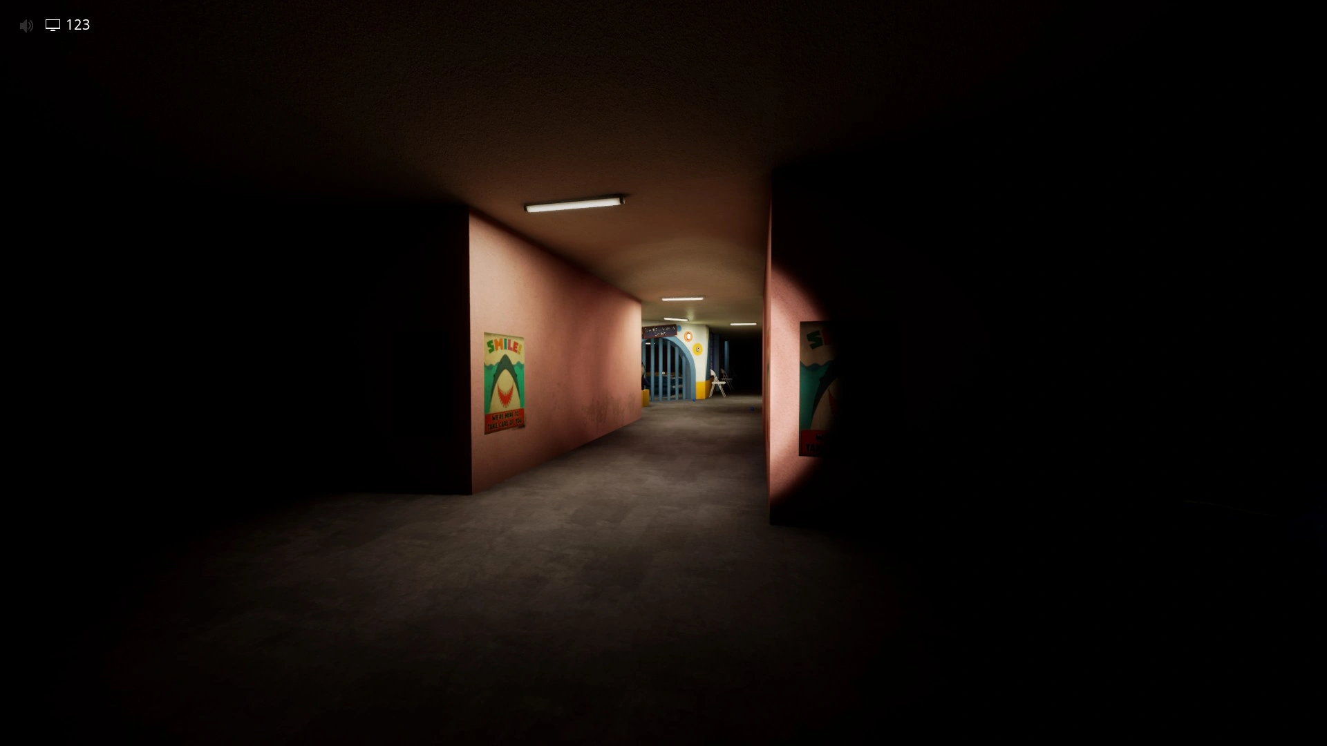 The dark corridor on the second floor that leads to the locked gate in Level 421, Escape The Backrooms