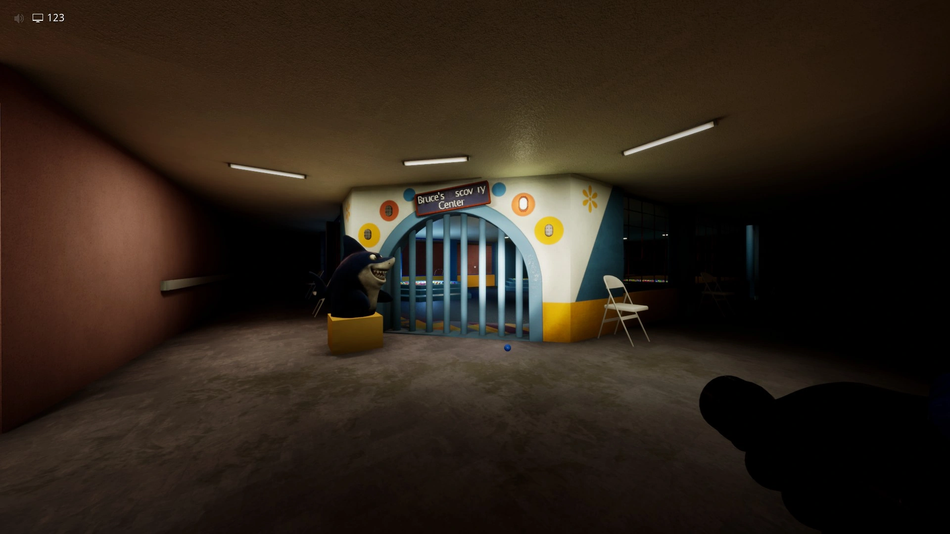 The locked gate on the second floor that the flower projectors open in Level 421, Escape The Backrooms
