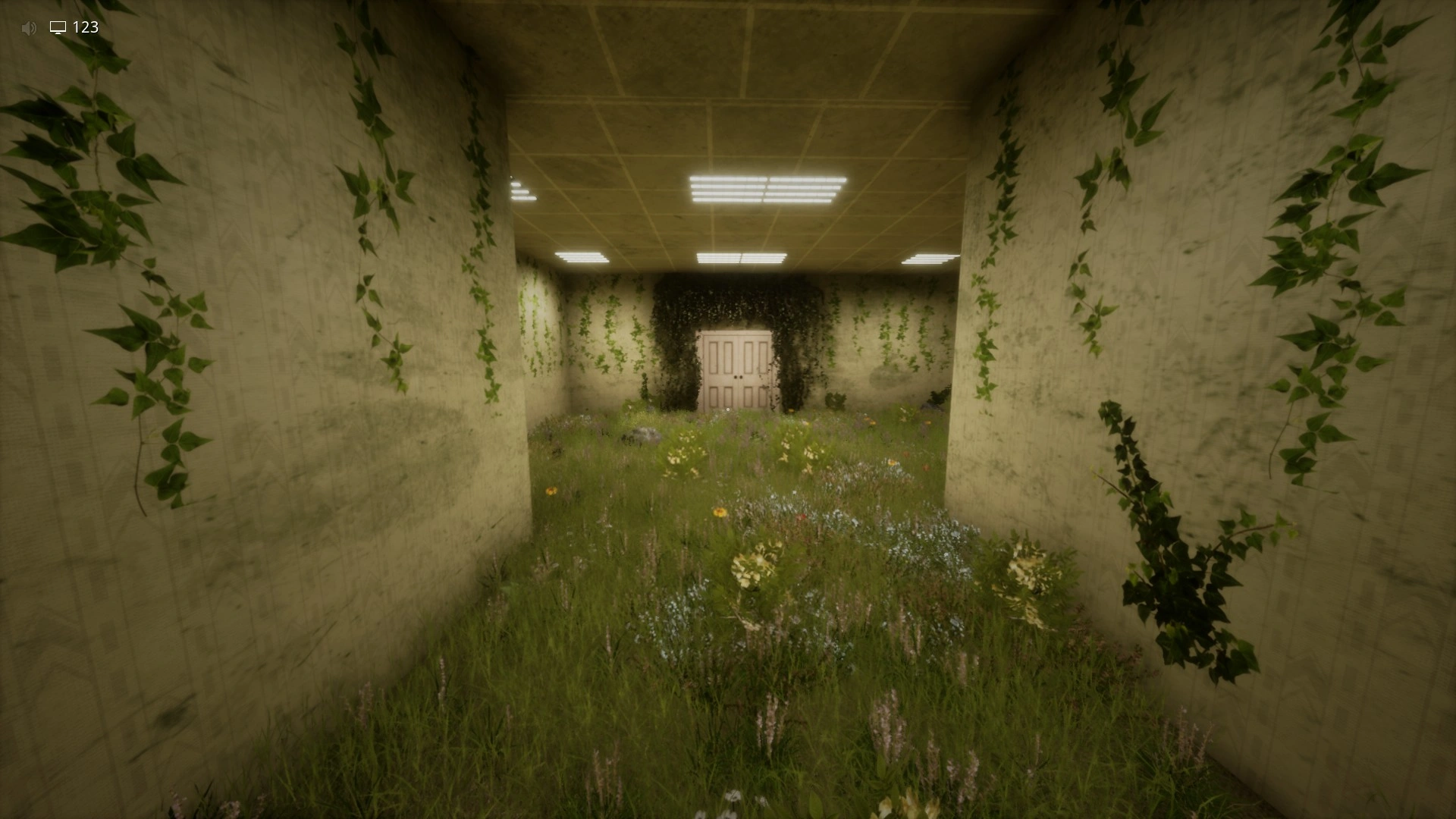 The exit door beyond the hatch at the end of Level 55.1, Escape The Backrooms