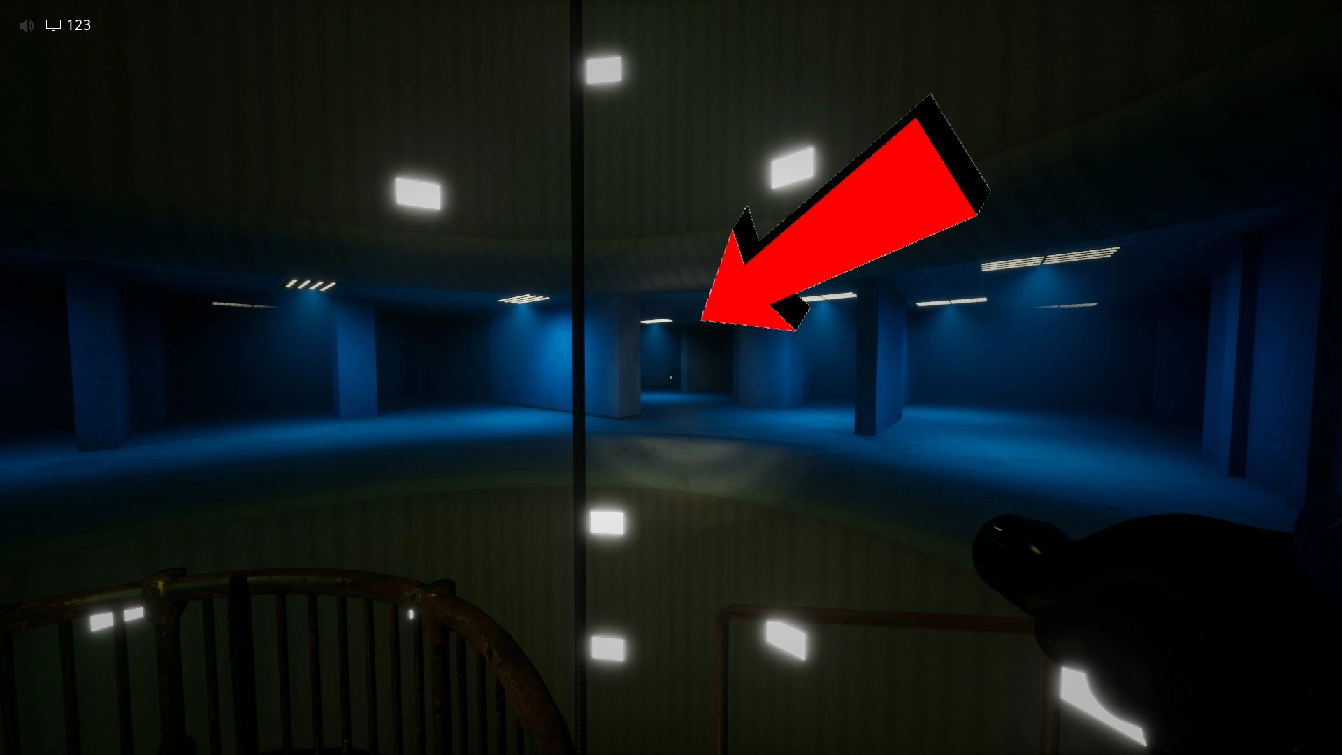 The route behind and left of the elevator that leads to the van on the second floor in Level 55.1, Escape The Backrooms