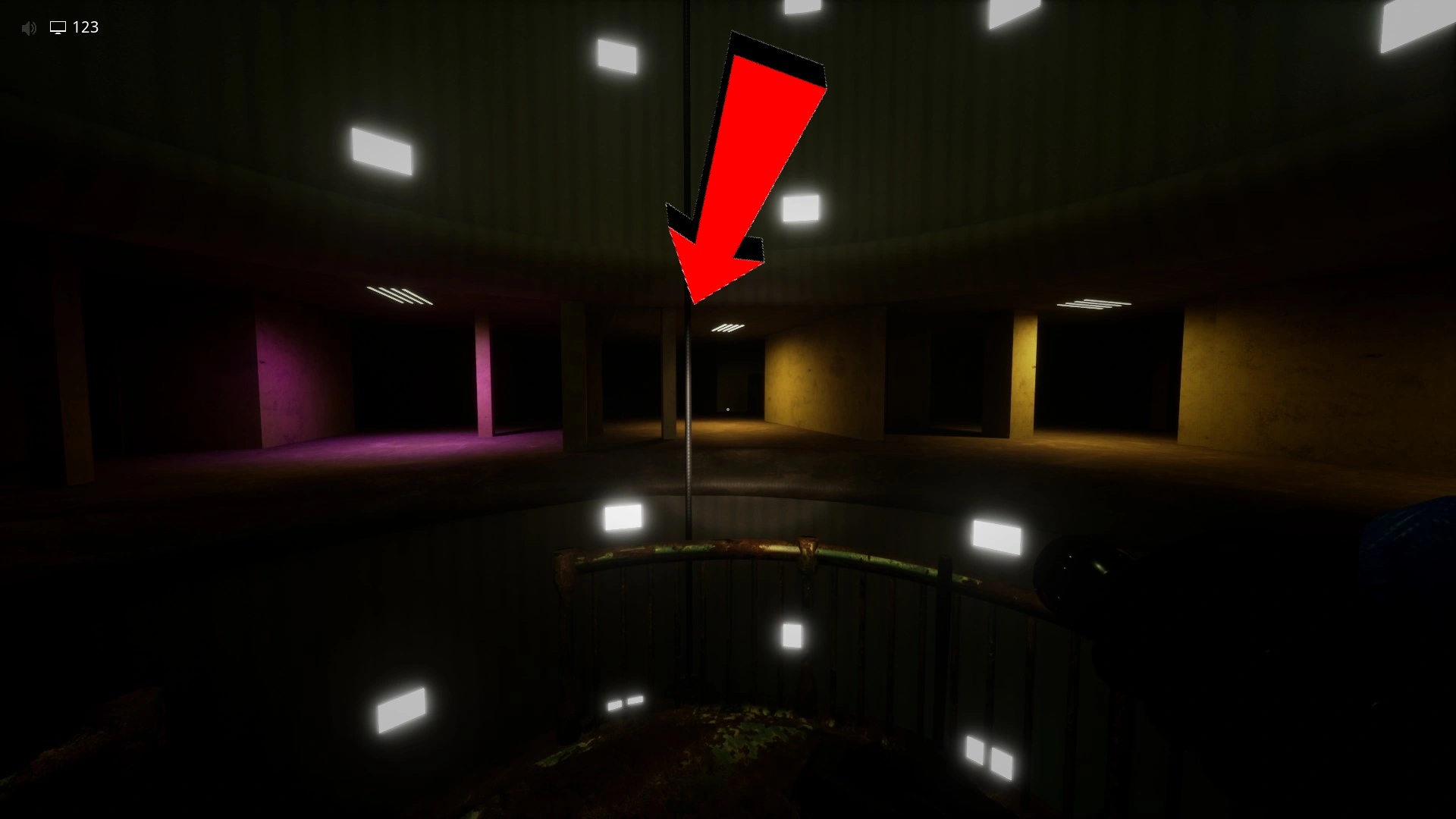The route to the statues behind the elevator on the third floor in Level 55.1, Escape The Backrooms