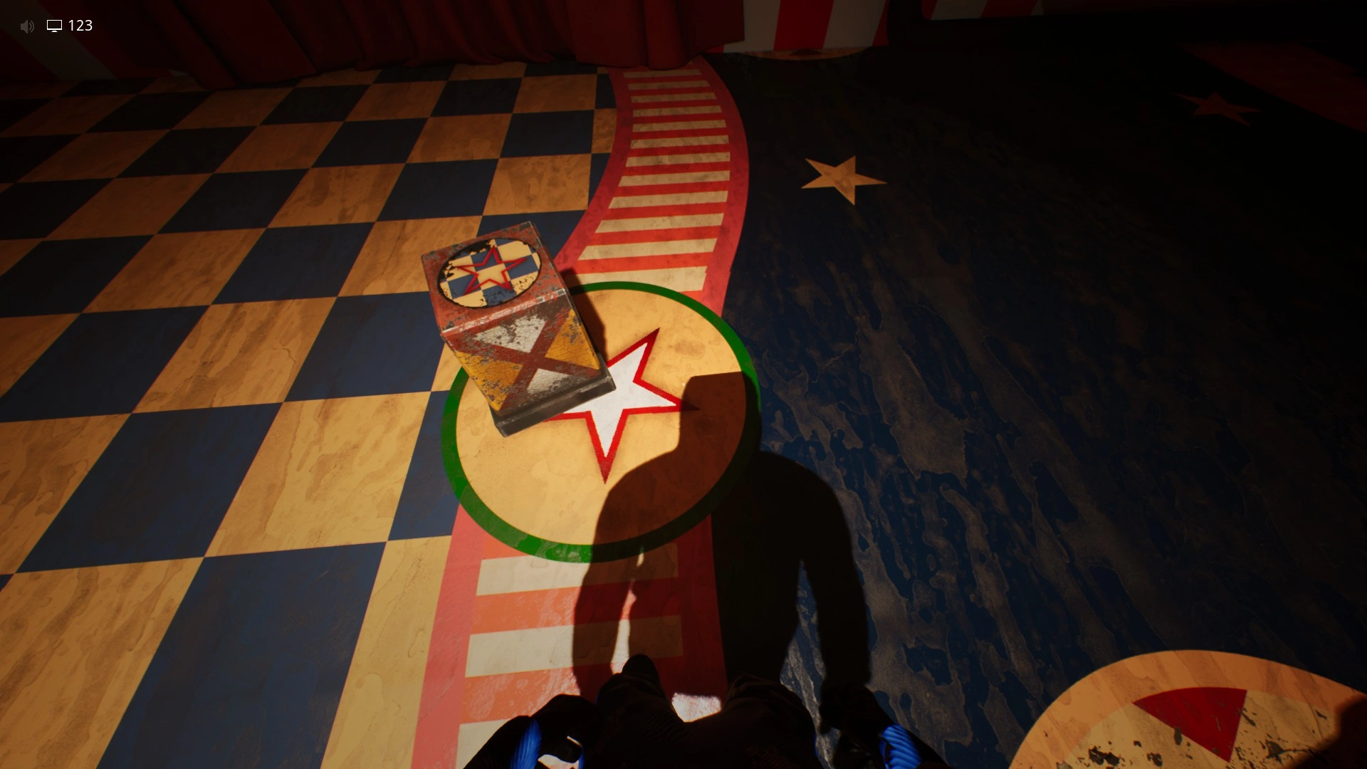 Pushing the shaped cubes onto their matching floor marks in Level 94, Escape The Backrooms