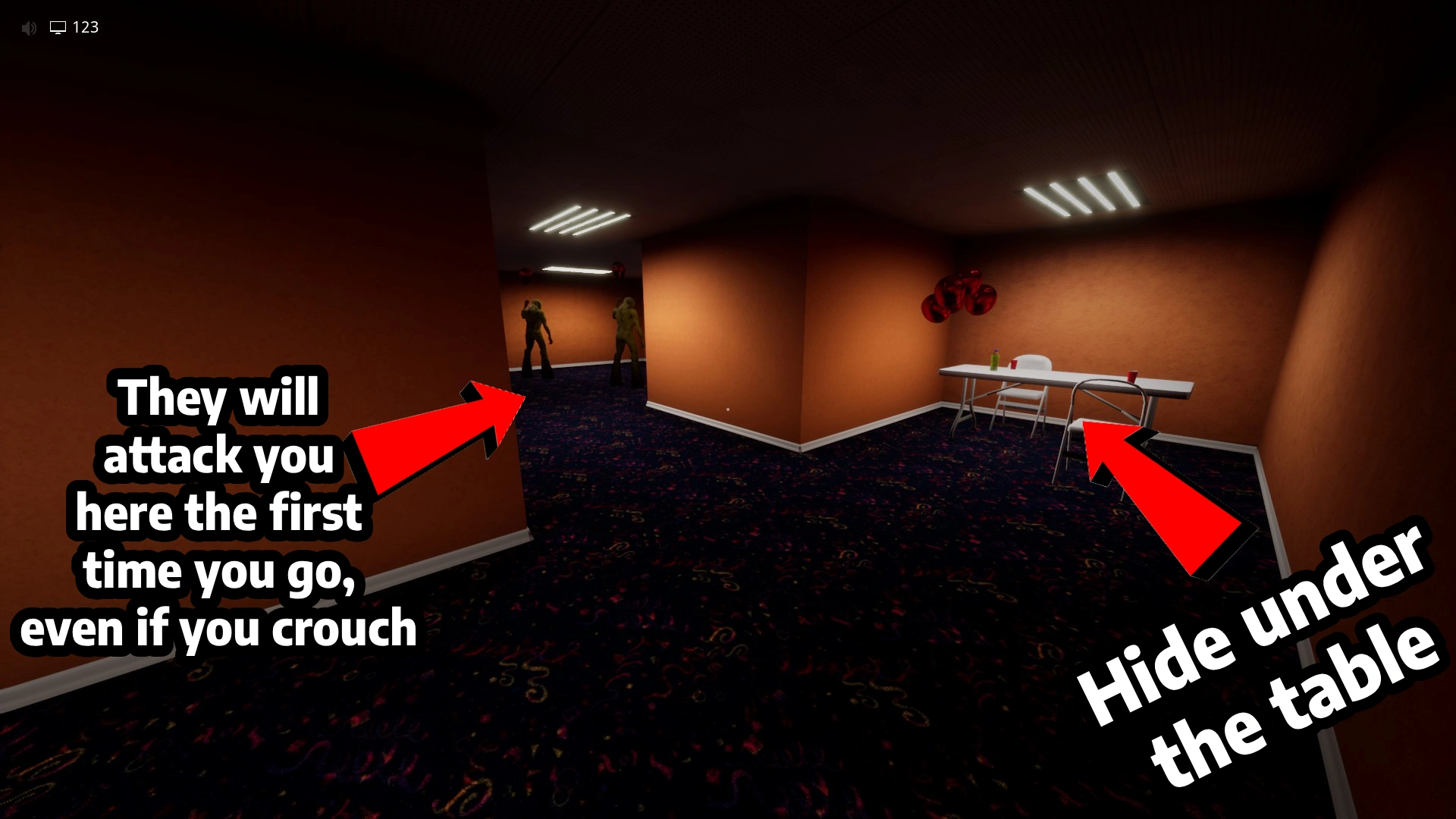 Hiding under a table to lose the partygoers in Level Fun, Escape The Backrooms