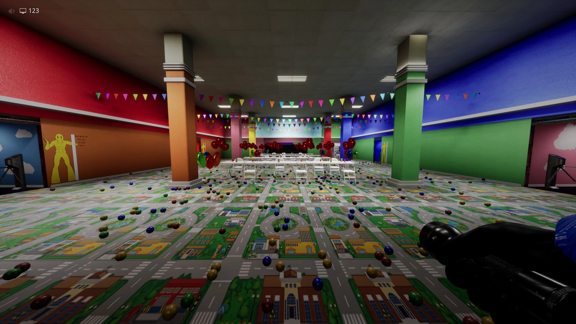 The main room with the four sector doors and the exit gate in Level Fun+, Escape The Backrooms