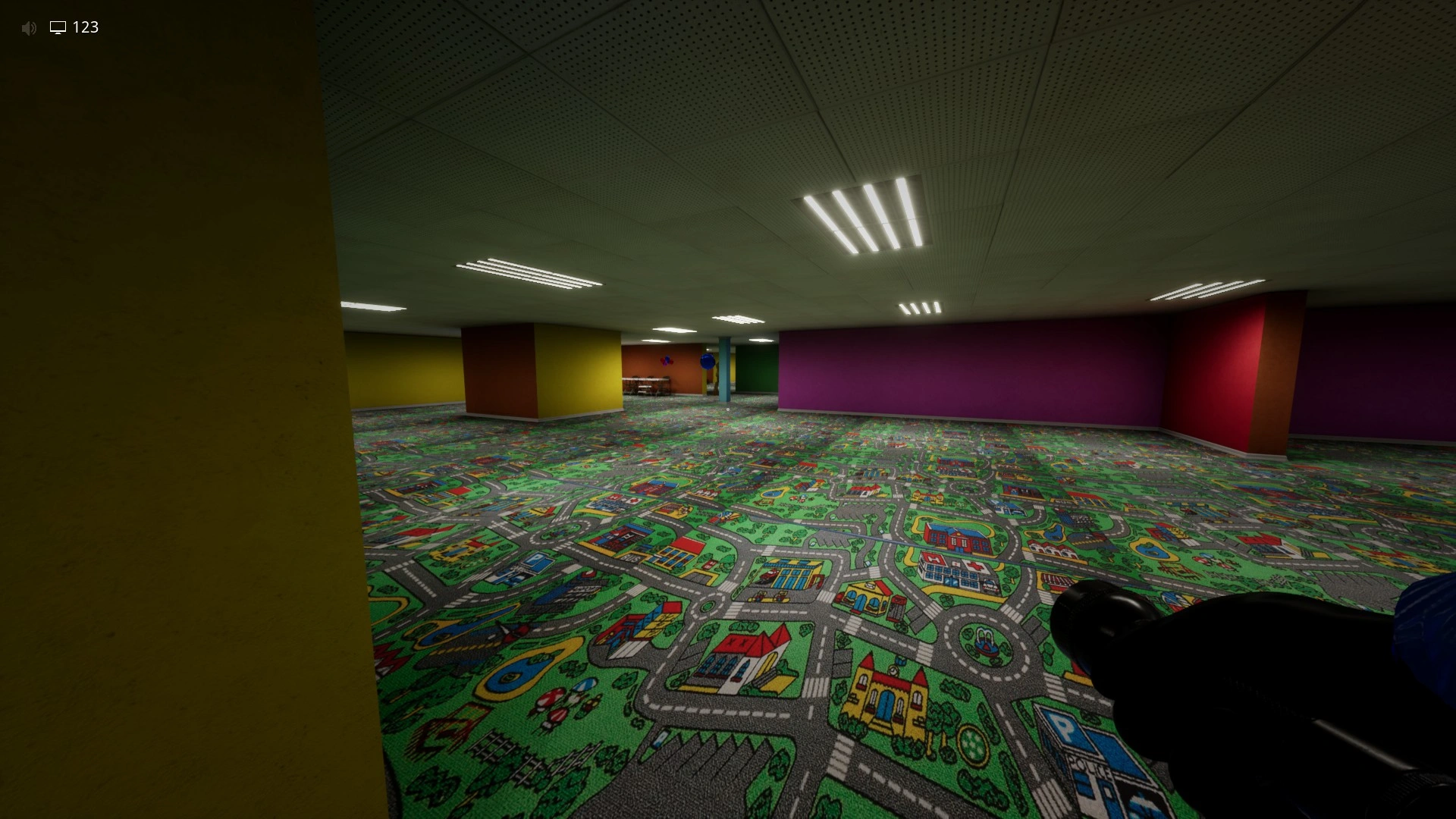 The open balloon room with tables to hide under in Sector 1 of Level Fun+, Escape The Backrooms