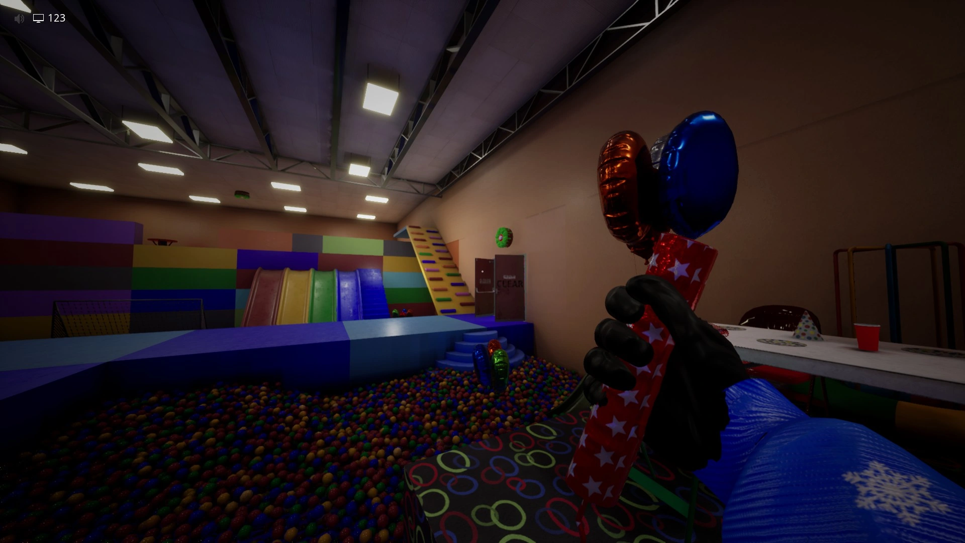 The Party Host above the door you kill before running up the ramp in Sector 3 of Level Fun+, Escape The Backrooms