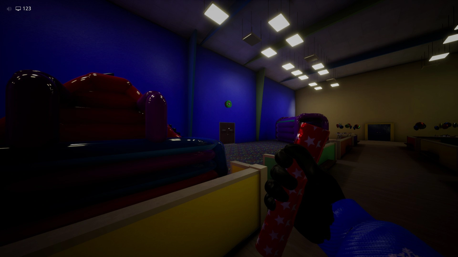 A Party Host sitting above a doorway that you kill with fireworks in Sector 3 of Level Fun+, Escape The Backrooms