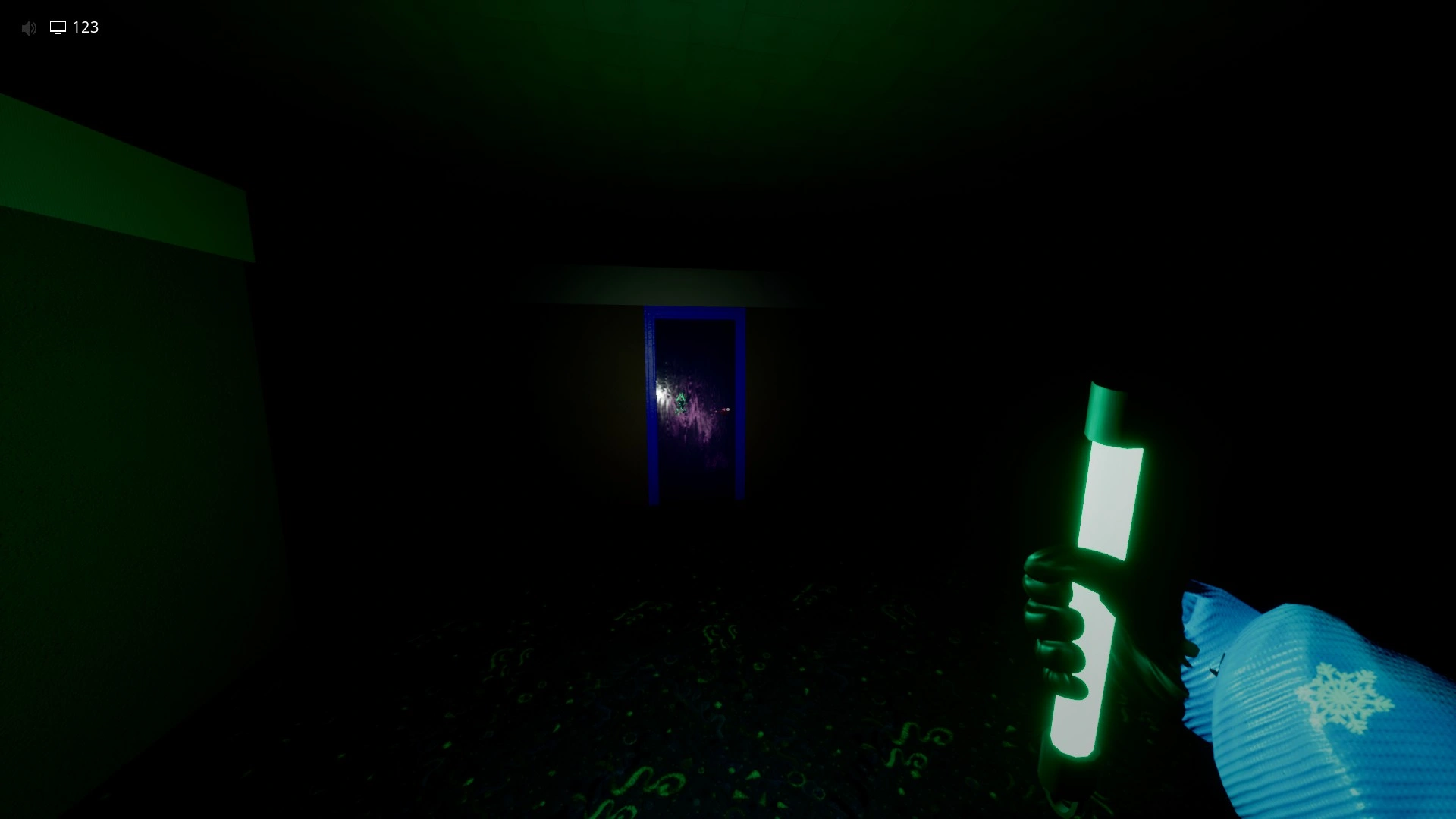 The door straight ahead as you enter the dark upper floor in Sector 4 of Level Fun+, Escape The Backrooms
