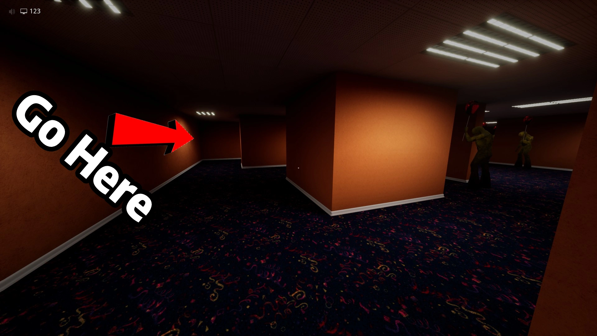 Hugging the left wall across the big open area in Level Fun, Escape The Backrooms