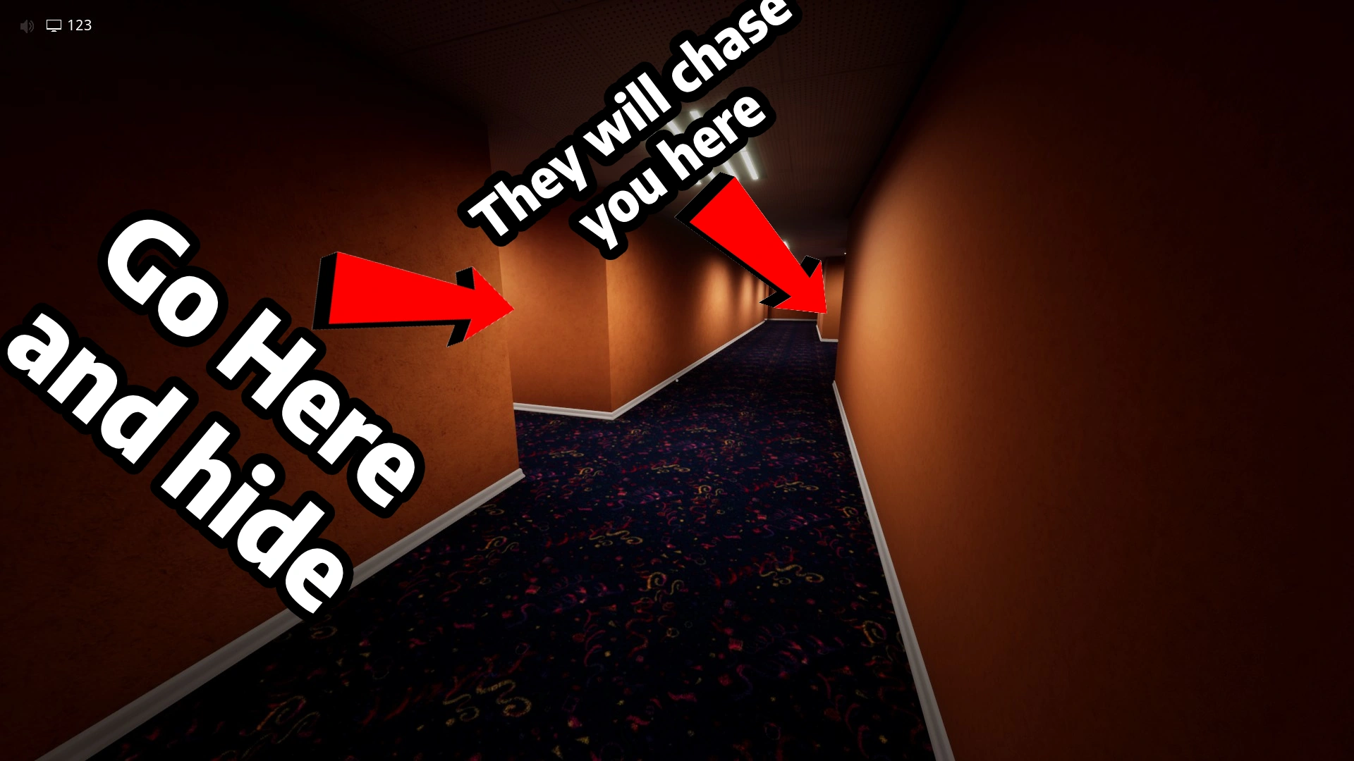 Baiting the partygoers and hiding at the corner in Level Fun, part 1, Escape The Backrooms