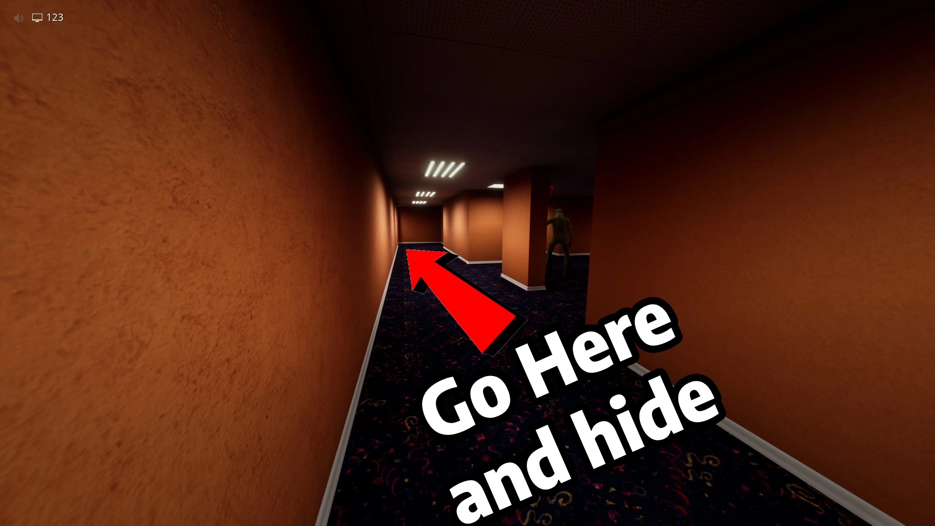 Running to the next corner and hiding under the table in Level Fun, part 2, Escape The Backrooms