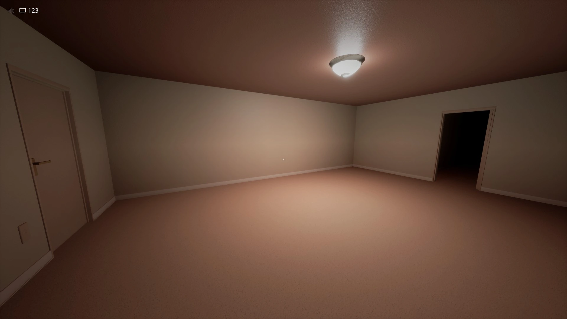 The empty main room of Level You Cheated where something knocks on the locked door, Escape The Backrooms