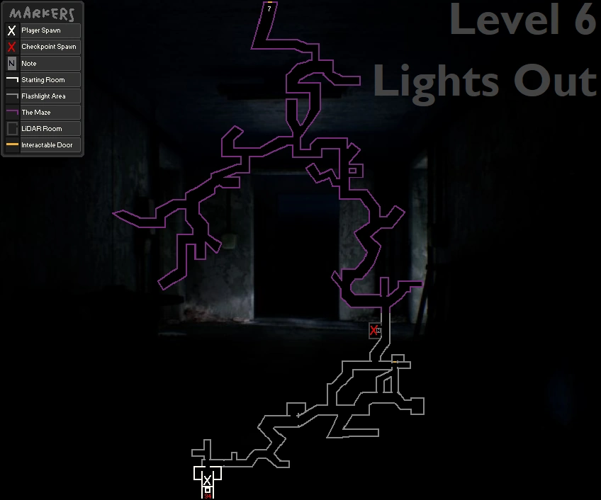 Map of the route through the dark maze in Lights Out, Escape The Backrooms