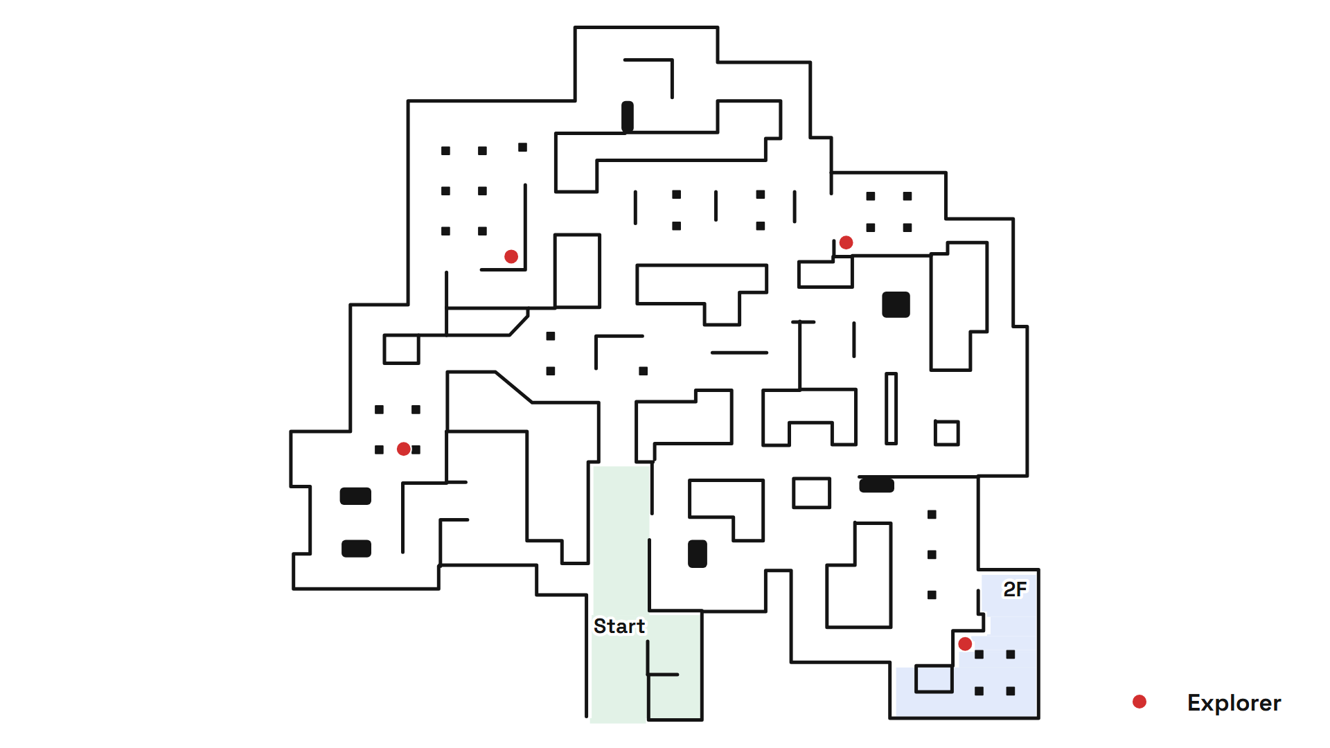 Map showing where all 4 explorers are located in Overgrowth, Escape The Backrooms