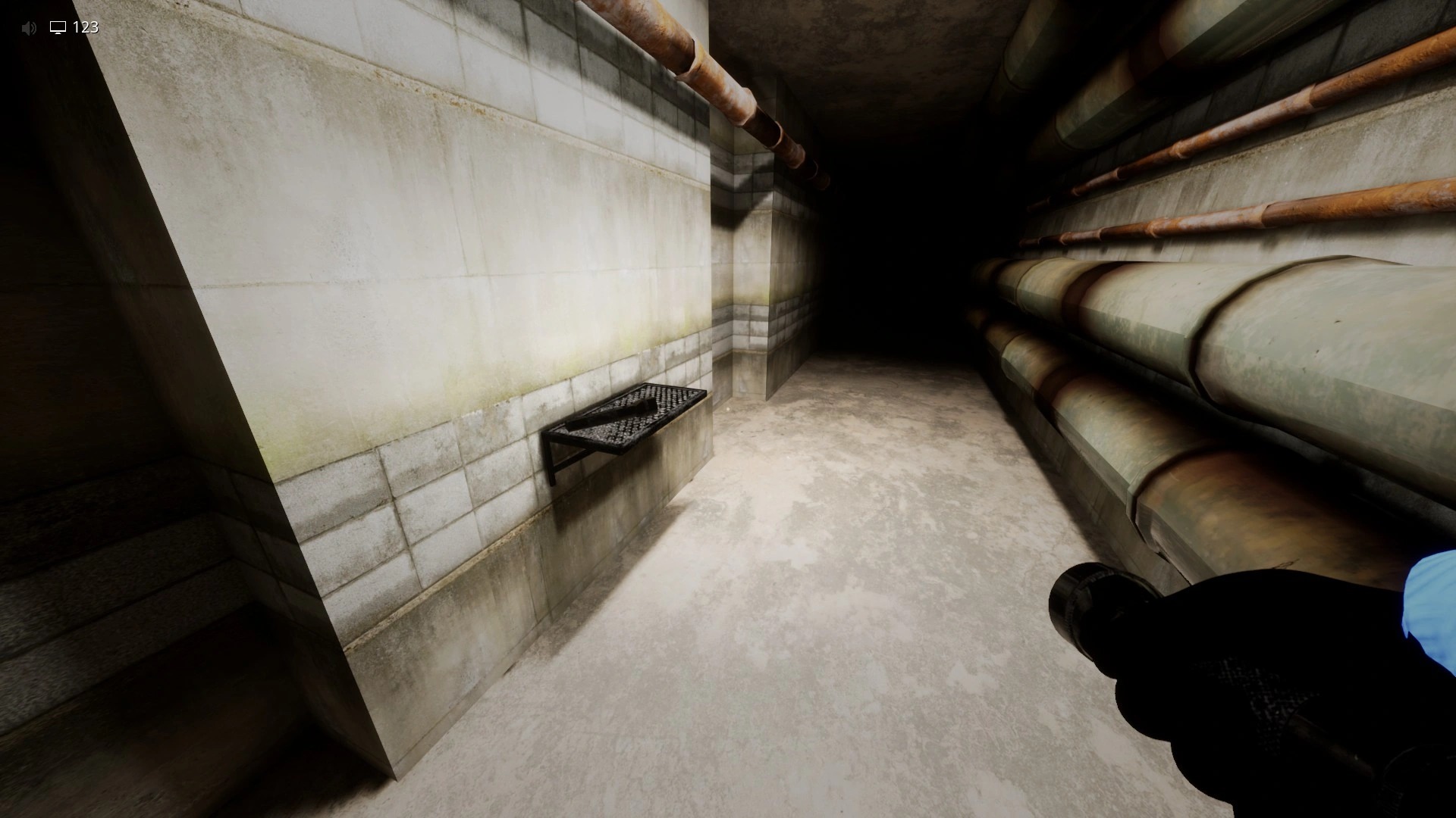 Running left down the hallway toward the dark zone in Pipe Dreams Part 1, Escape The Backrooms