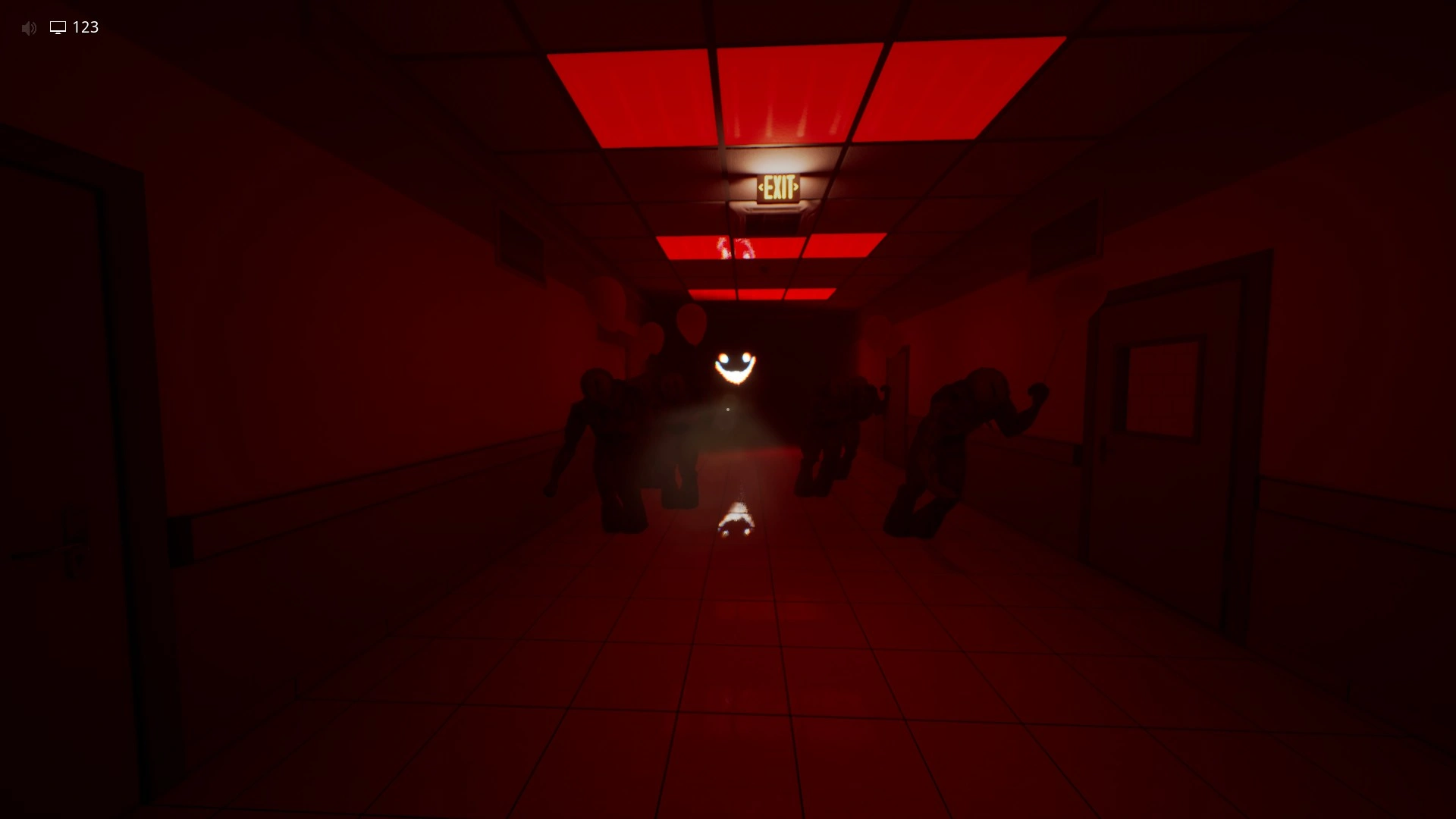 The horde of Partygoers and a Smiler chasing you through Run for Your Life, Escape The Backrooms