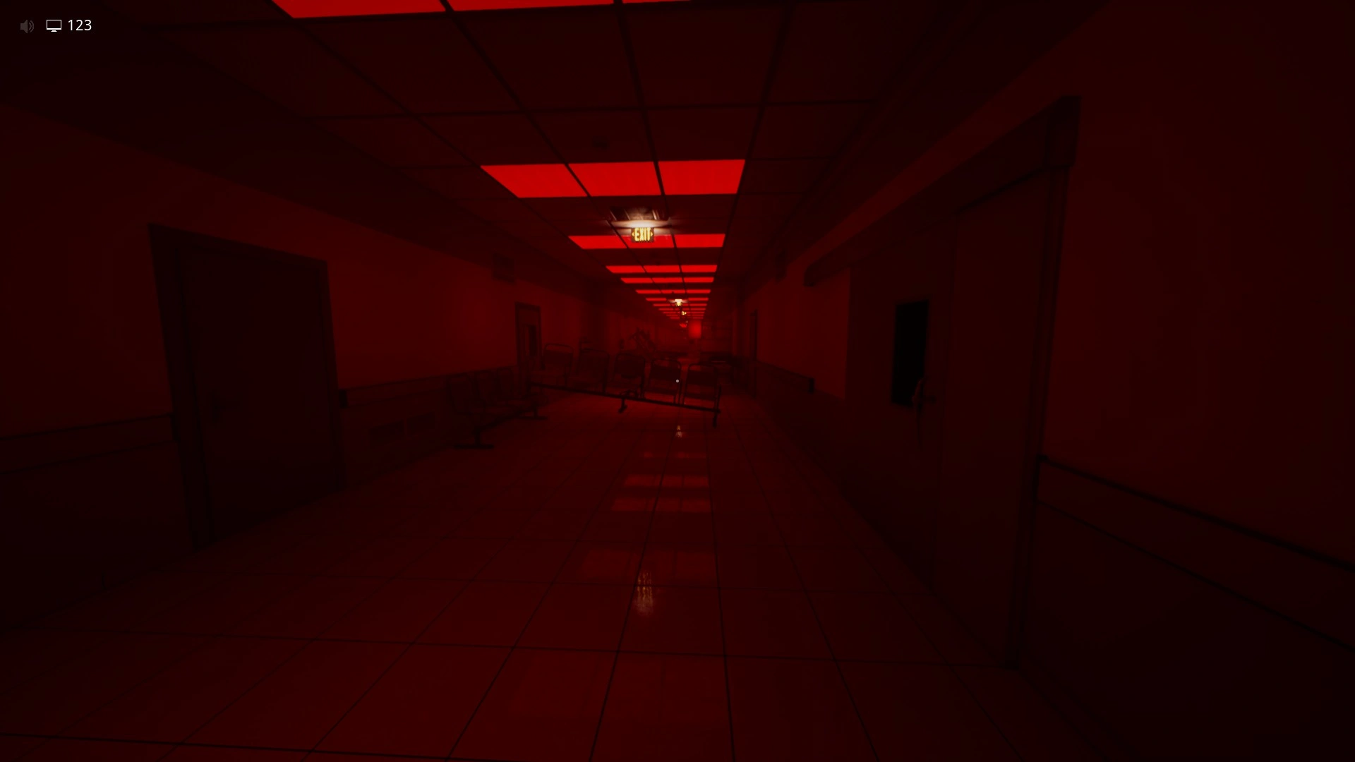 The red lit corridor of chairs and beds you sprint through in Run for Your Life, Escape The Backrooms