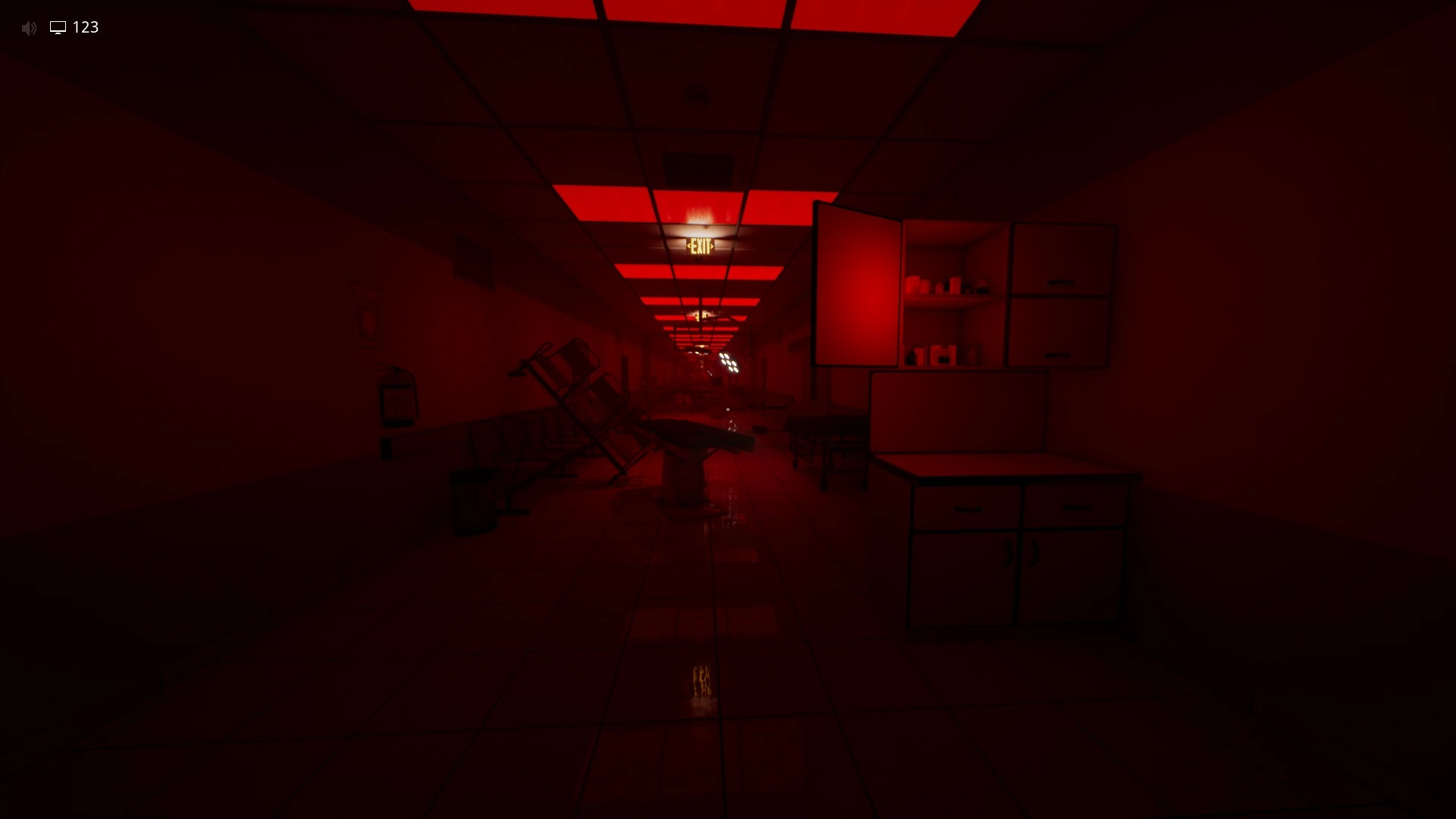 Hospital beds and cabinets blocking the corridor further into Run for Your Life, Escape The Backrooms