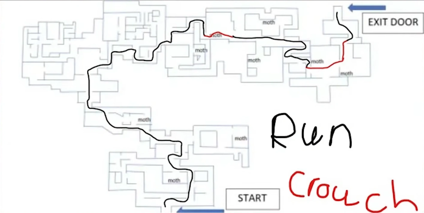 Escape The Backrooms hotel map showing the route through the Terror Hotel boiler room maze to the exit