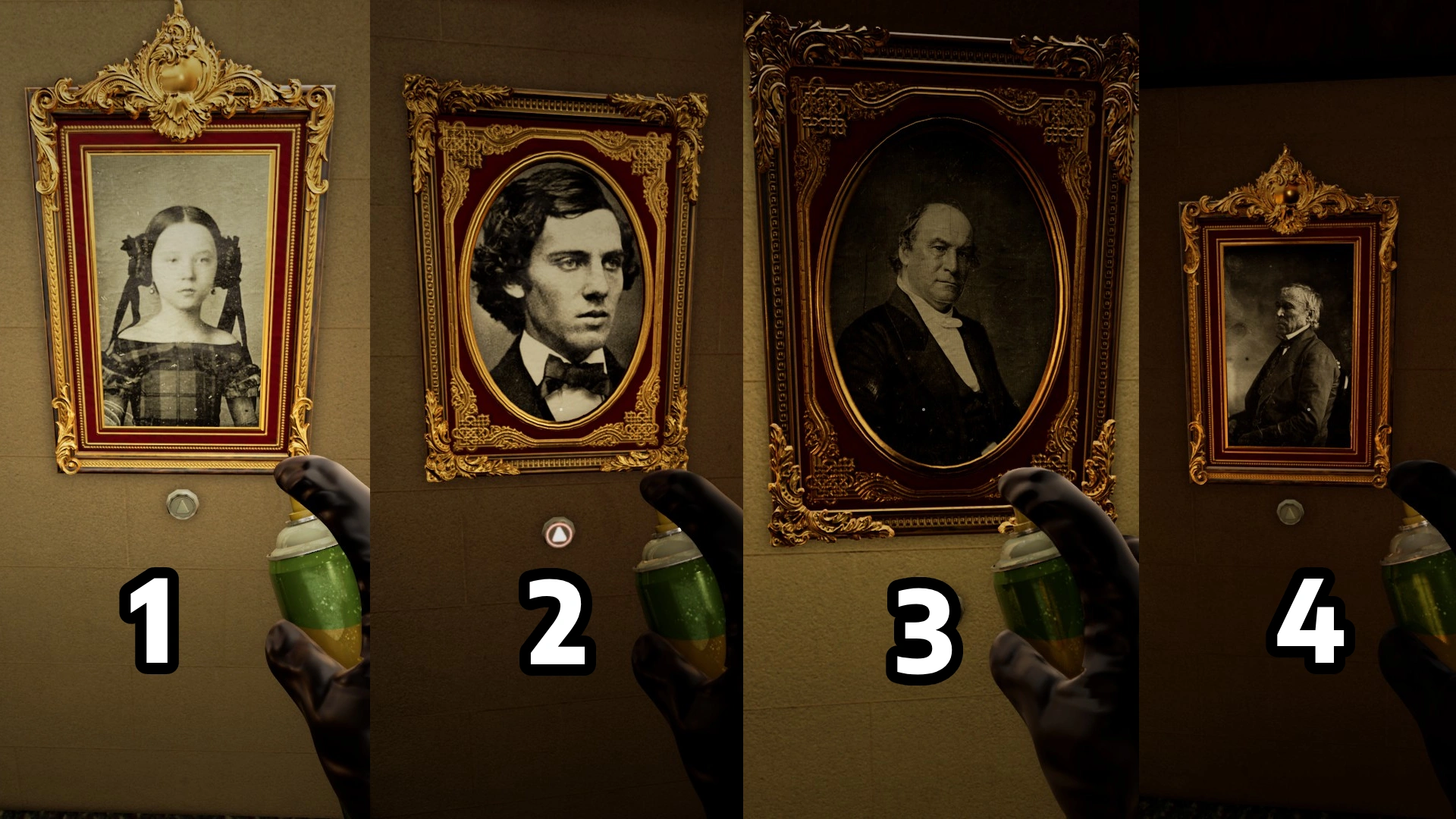 The picture puzzle order, pressing the buttons under the portraits from youngest to oldest, in Terror Hotel, Escape The Backrooms