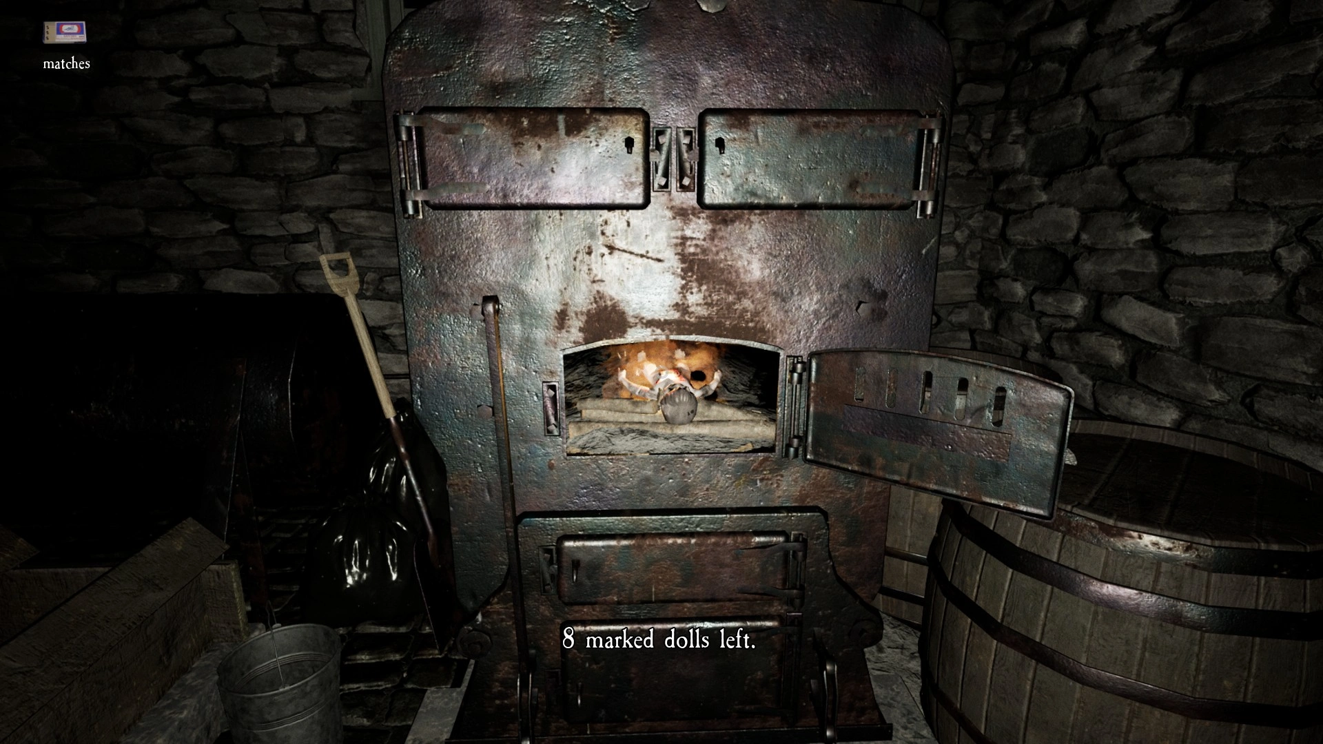 Burning a marked doll in the furnace in Pacify Dolls