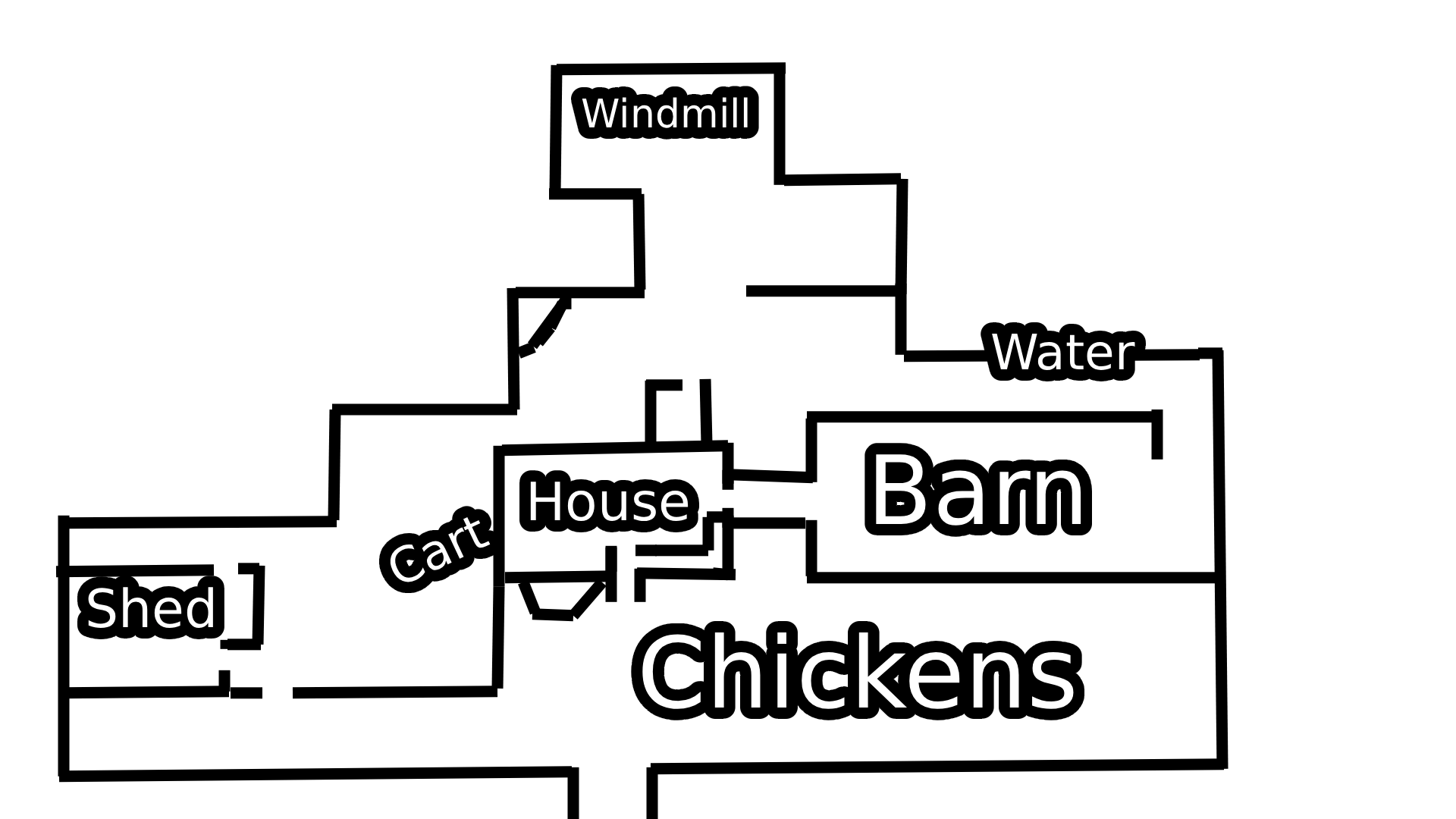 Pacify Farm map showing the house, barn, chickens, shed, cart, windmill and water