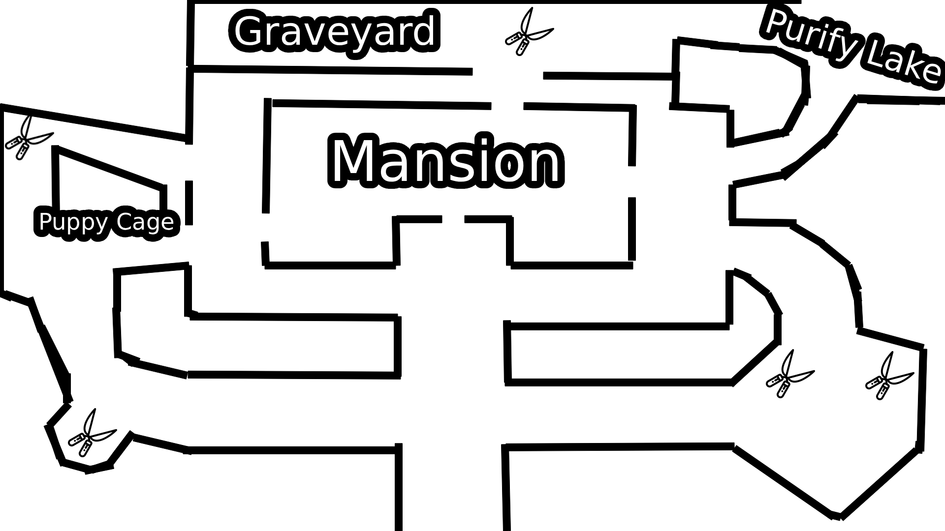 Pacify Woods map showing the mansion, puppy cage, graveyard, Purify Lake and all Garden Shears locations
