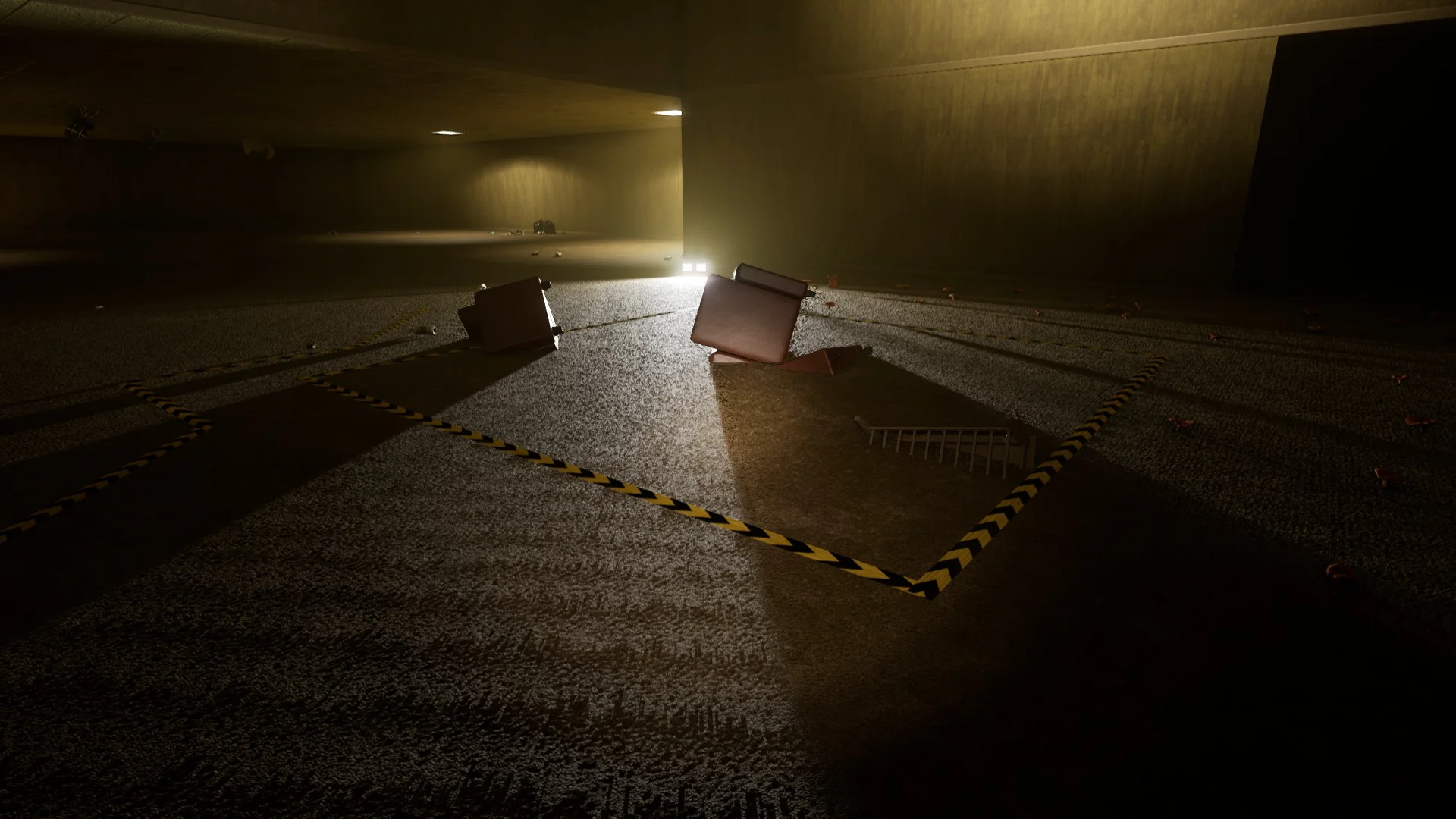 The taped square with furniture sunk into the floor that exits Level 0 The Lobby, Backrooms: Escape Together