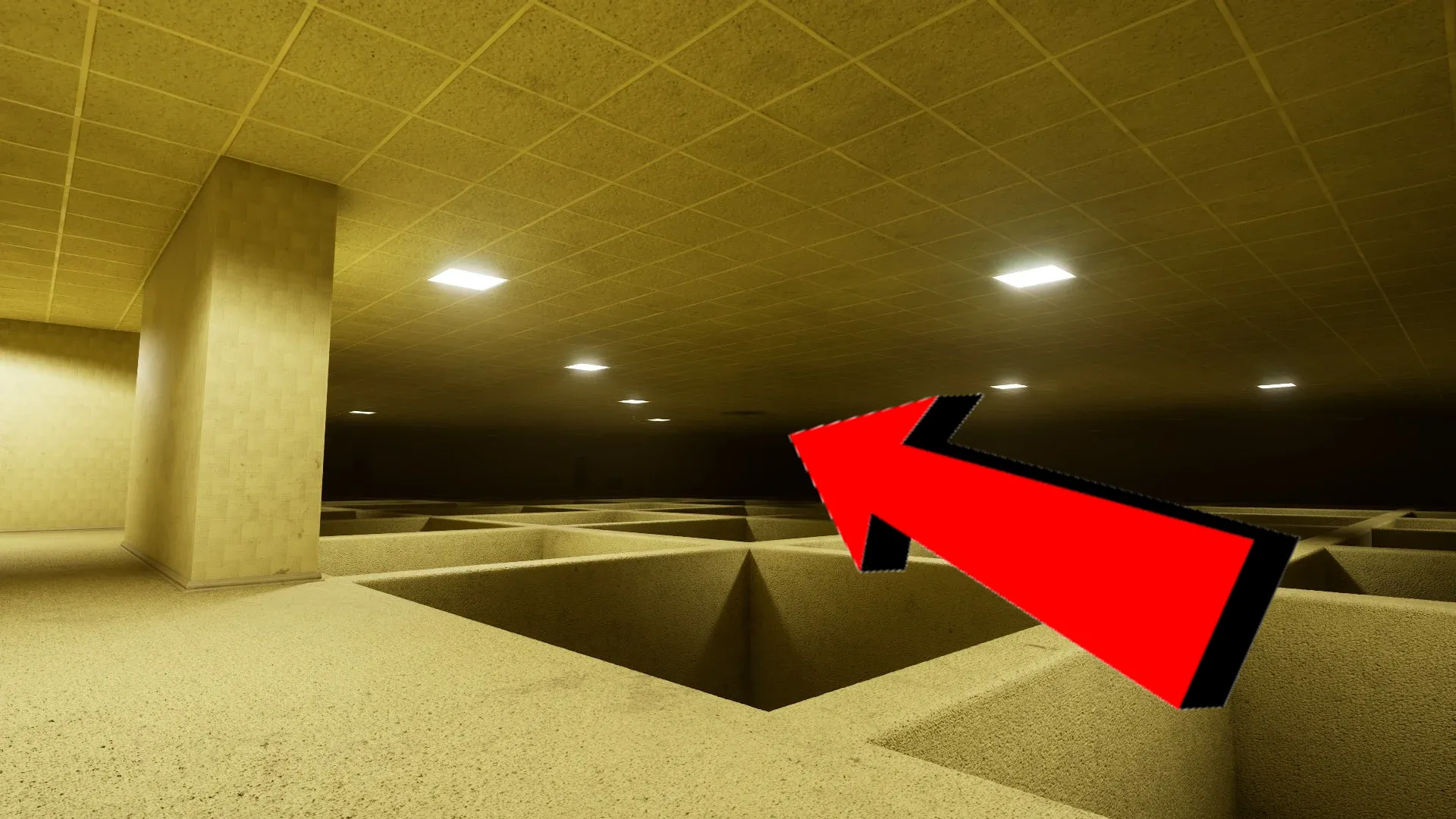 The pitfalls with the marked hole to jump into in Level 0 The Lobby, Backrooms: Escape Together