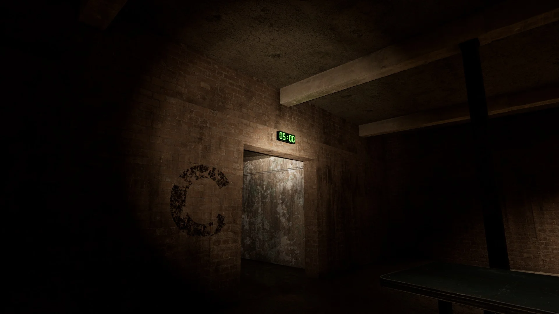 The clock above corridor C showing 05:00 in Level 2 Pipe Dreams, Backrooms: Escape Together