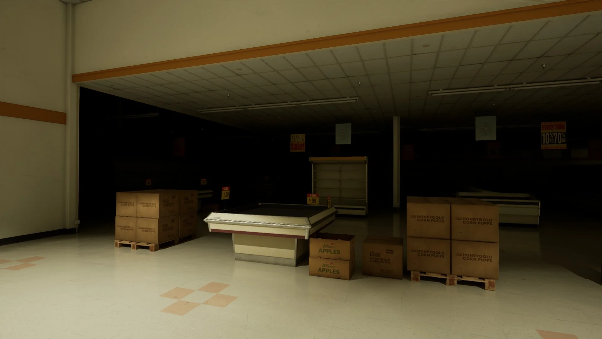 One of the dark parts of the store in Level 232 Infinite Supermarket, Backrooms: Escape Together