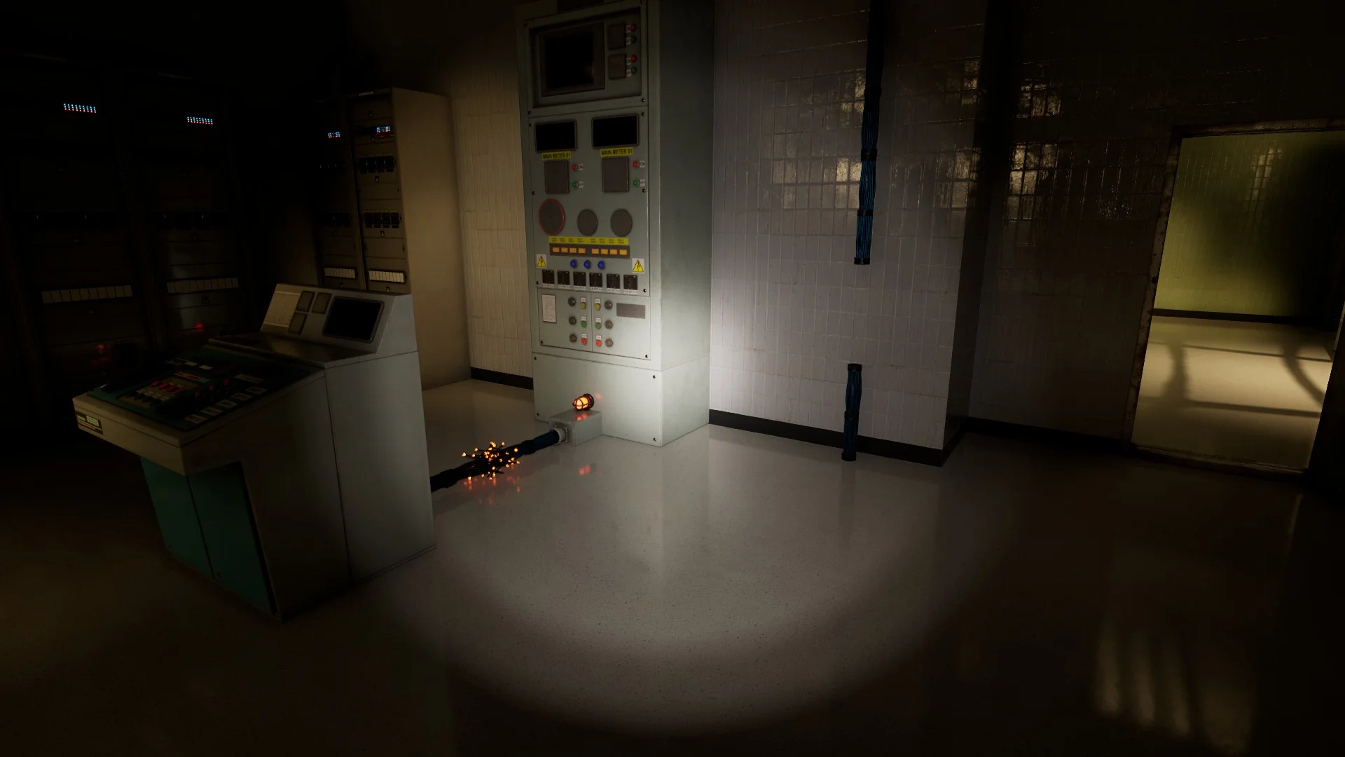 A console with damaged wires that needs repairing in Level 3 Electrical Station, Backrooms: Escape Together