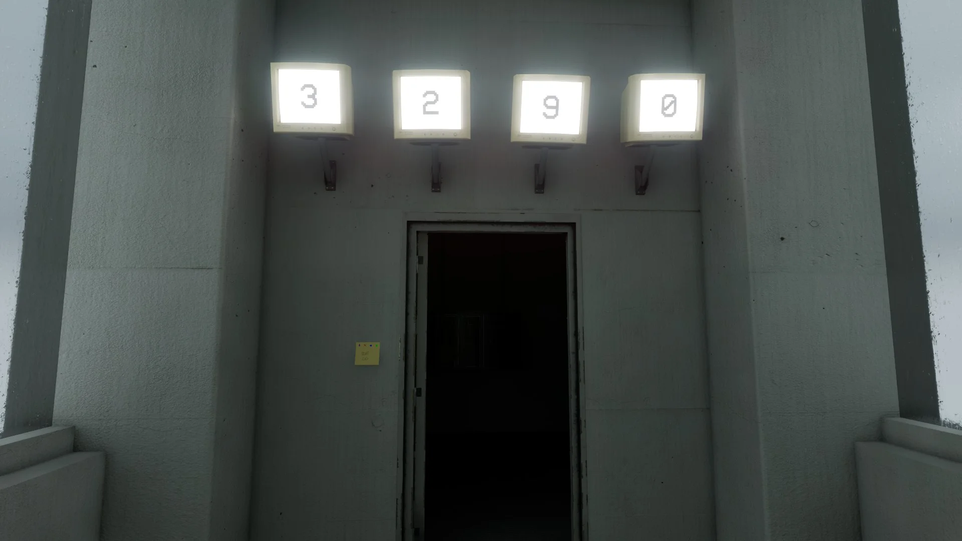 The four code screens above the exit door in Level 4 Abandoned Office, Backrooms: Escape Together