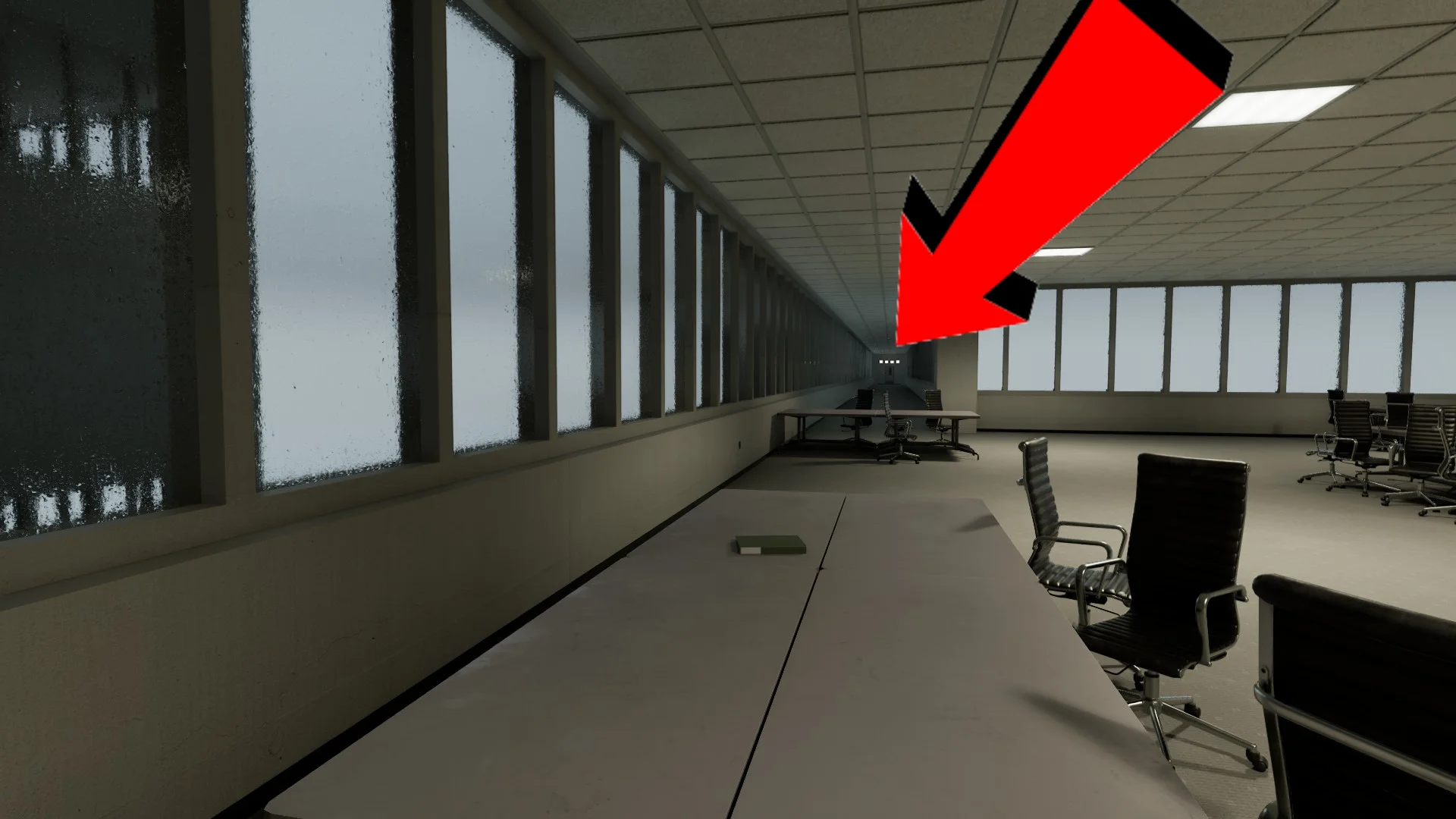 A red arrow pointing at the exit door in Level 4 Abandoned Office, Backrooms: Escape Together