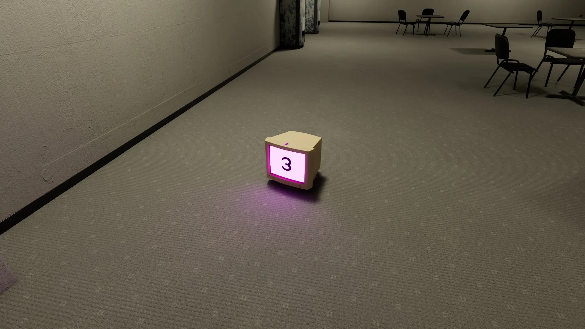 A computer screen showing the number 3 in pink in Level 4 Abandoned Office, Backrooms: Escape Together