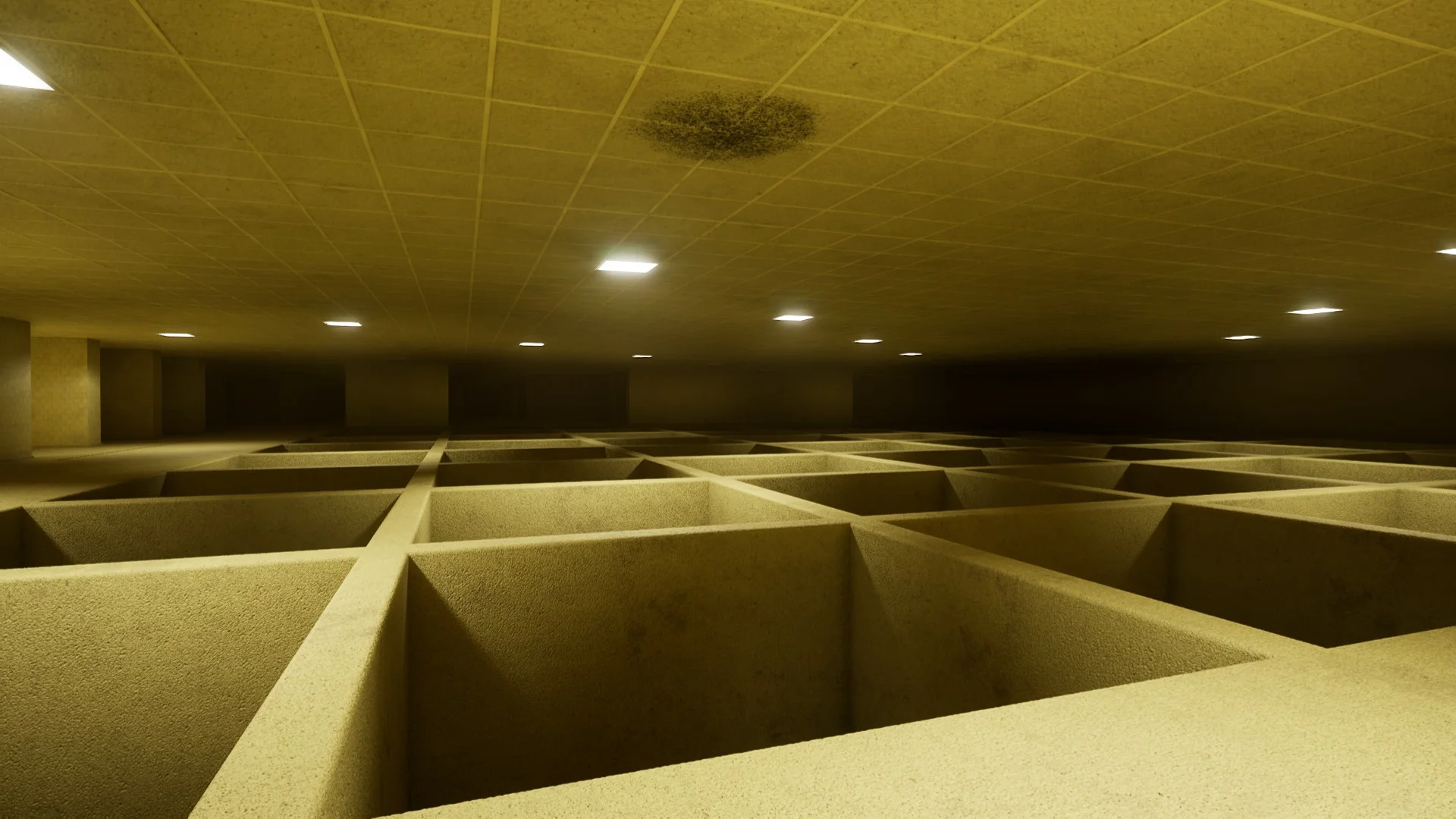 The hole with a black spot above it on the way to Level -1 Grayscale Halls, Backrooms: Escape Together