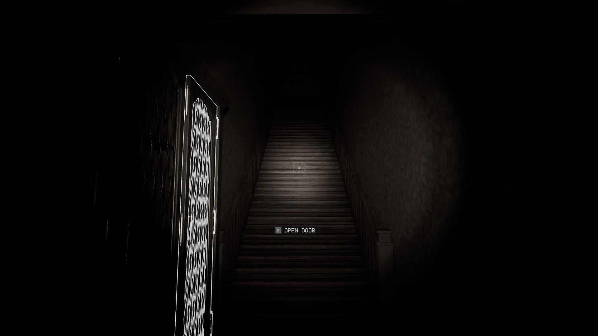 The open door with a staircase that leads to the exit in Level -1 Grayscale Halls, Backrooms: Escape Together