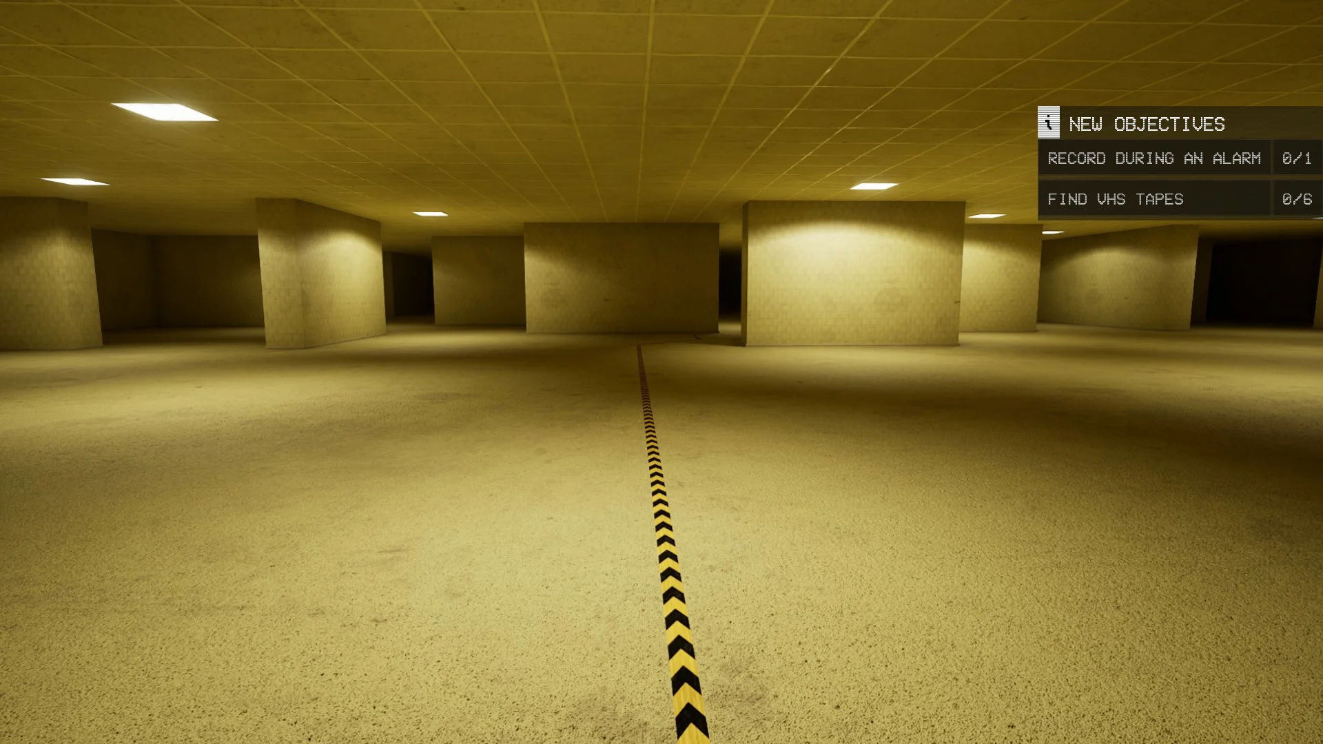The tape on the floor leading to the pitfalls on the way to Level -1 Grayscale Halls, Backrooms: Escape Together
